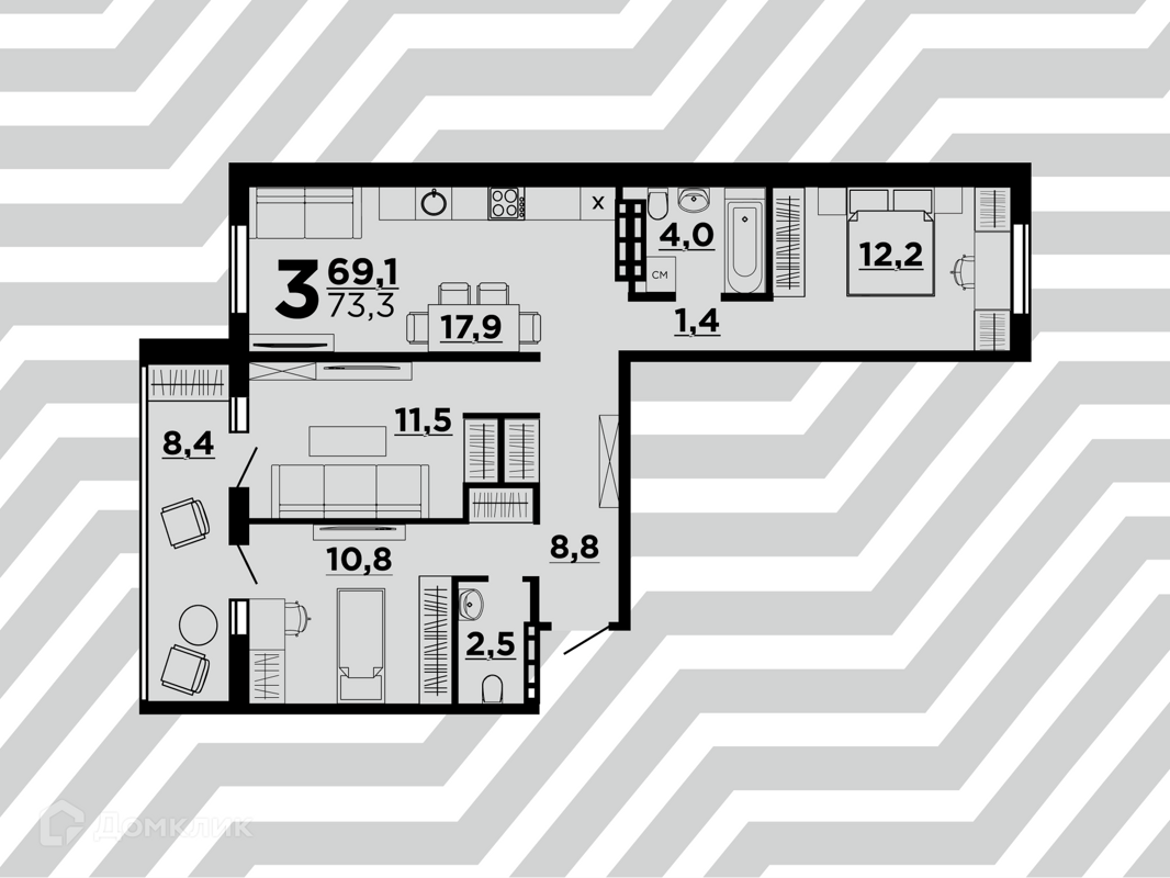 Купить 3-комнатную квартиру, 73.3 м² в ЖК Квартал по адресу Волгоград,  Дзержинский район, район Семь Ветров, улица Константина Симонова, 2,  недорого – Домклик