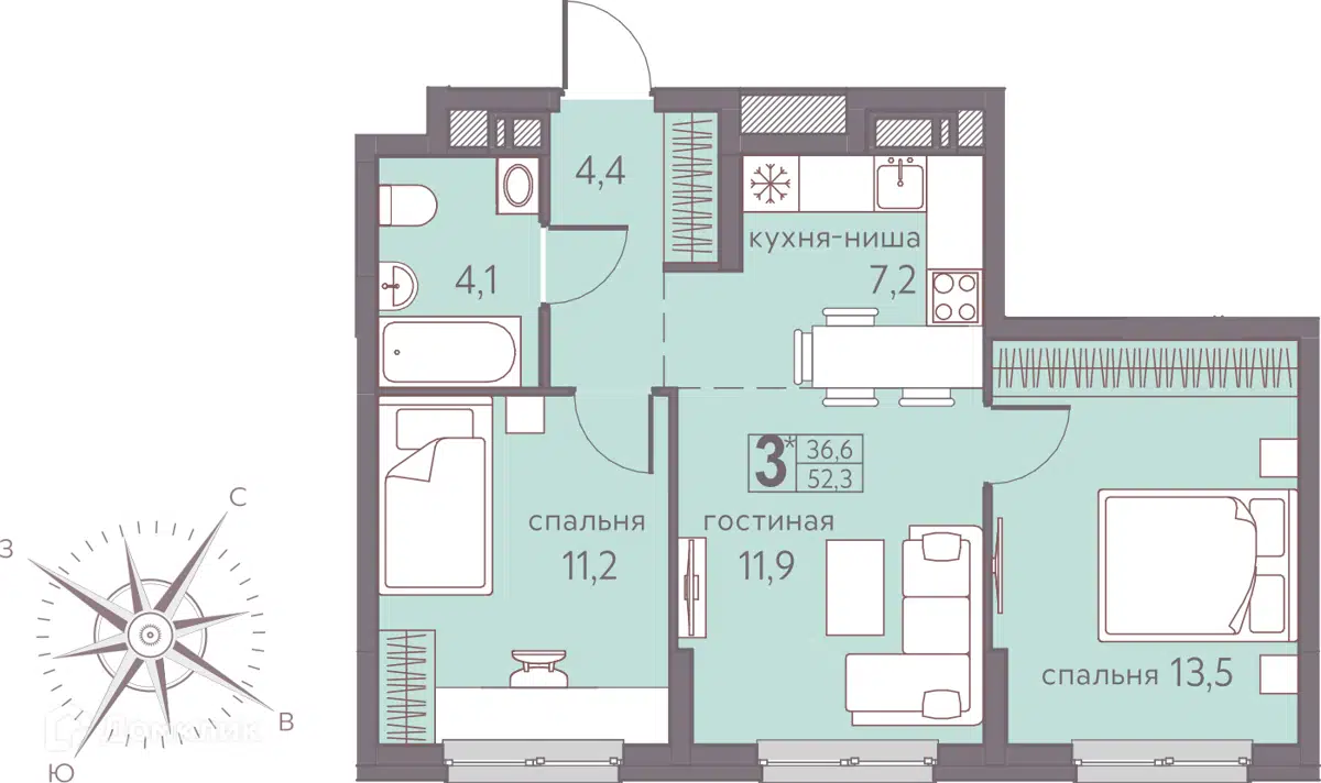 Купить 3-комнатную квартиру, 52.3 м² в ЖК Теплые кварталы Погода по адресу  Пермь, Серебристая улица, 7, недорого – Домклик