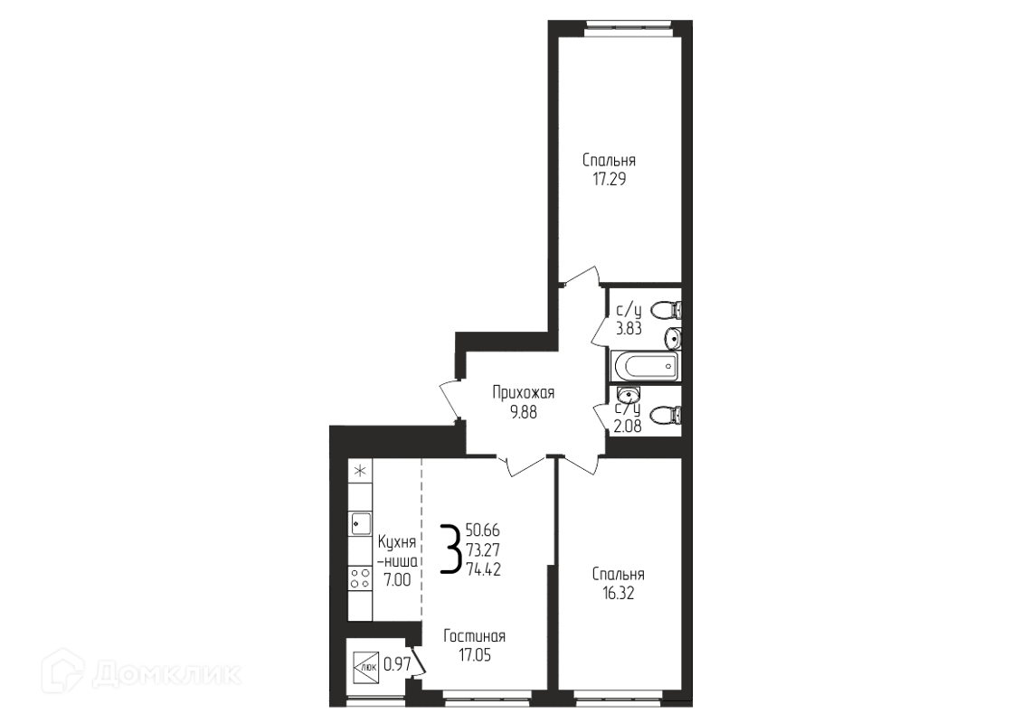 Купить 3-комнатную квартиру, 74.42 м² в ЖК Свобода по адресу Республика  Башкортостан, Уфа, улица Кузнецовский Затон, 11/5, недорого – Домклик