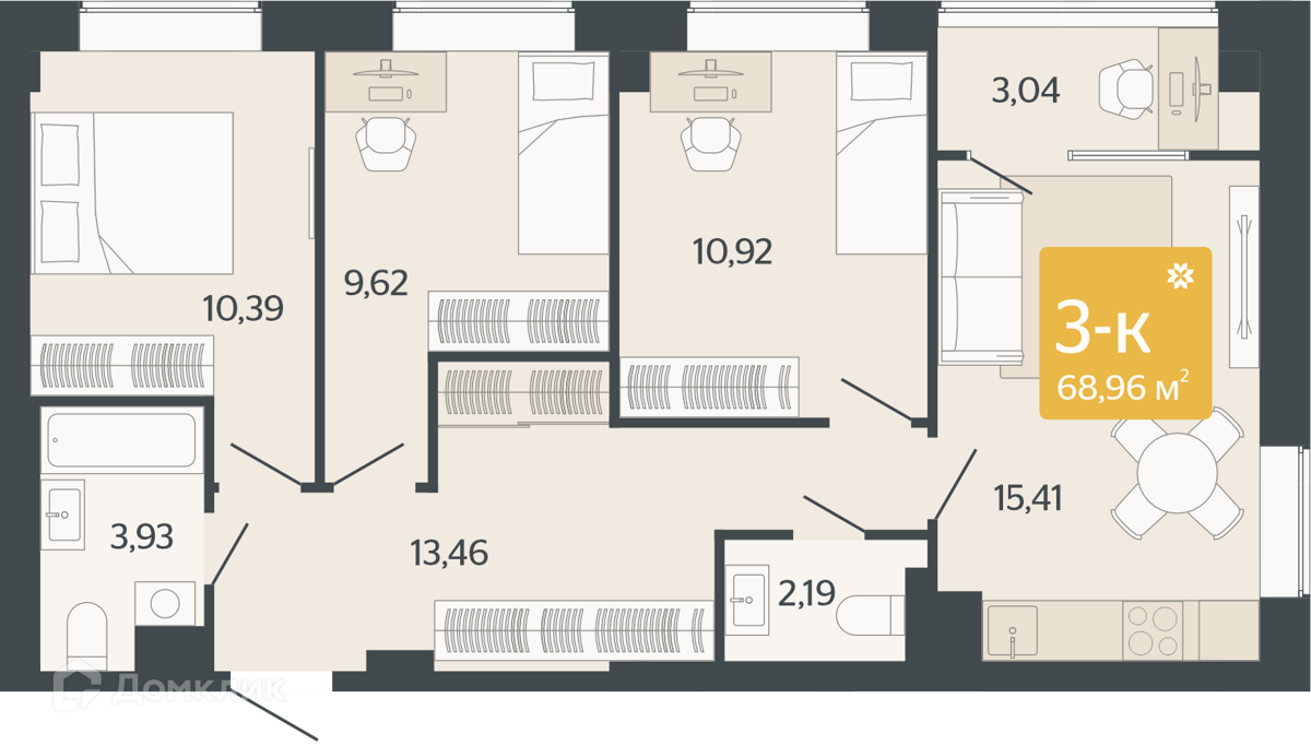 Купить 3-комнатную квартиру, 68.96 м² в ЖК Микрорайон Zori (Зори) по адресу  Свердловская область, Берёзовский городской округ, микрорайон Зори,  недорого – Домклик