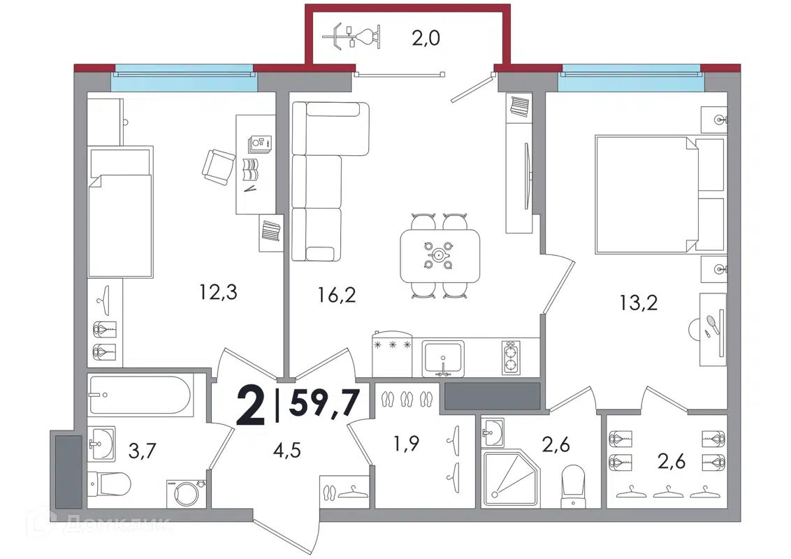 Купить 2-комнатную квартиру, 59.7 м² в ЖК Южный по адресу Тверь, улица С.Я.  Лемешева, 10, недорого – Домклик