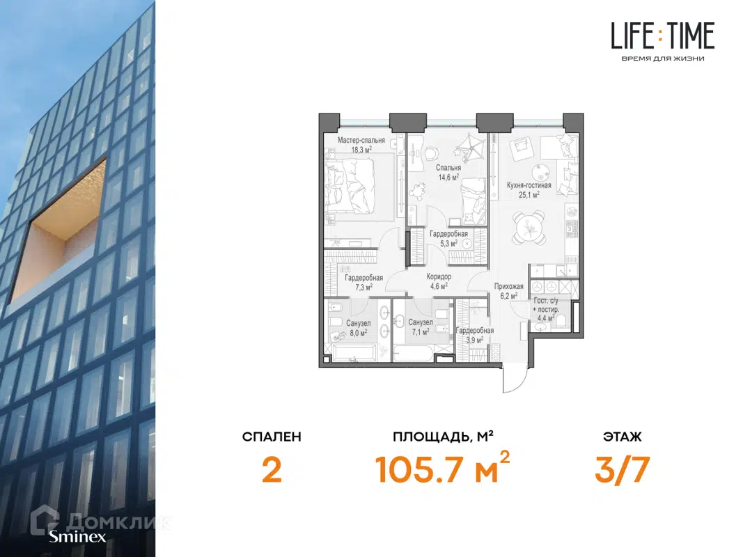 Купить 3-комнатную квартиру, 105.7 м² в ЖК LIFE TIME (ЛАЙФ ТАЙМ) по адресу  Москва, улица Сергея Макеева, вл11/9с1-10, метро недорого – Домклик