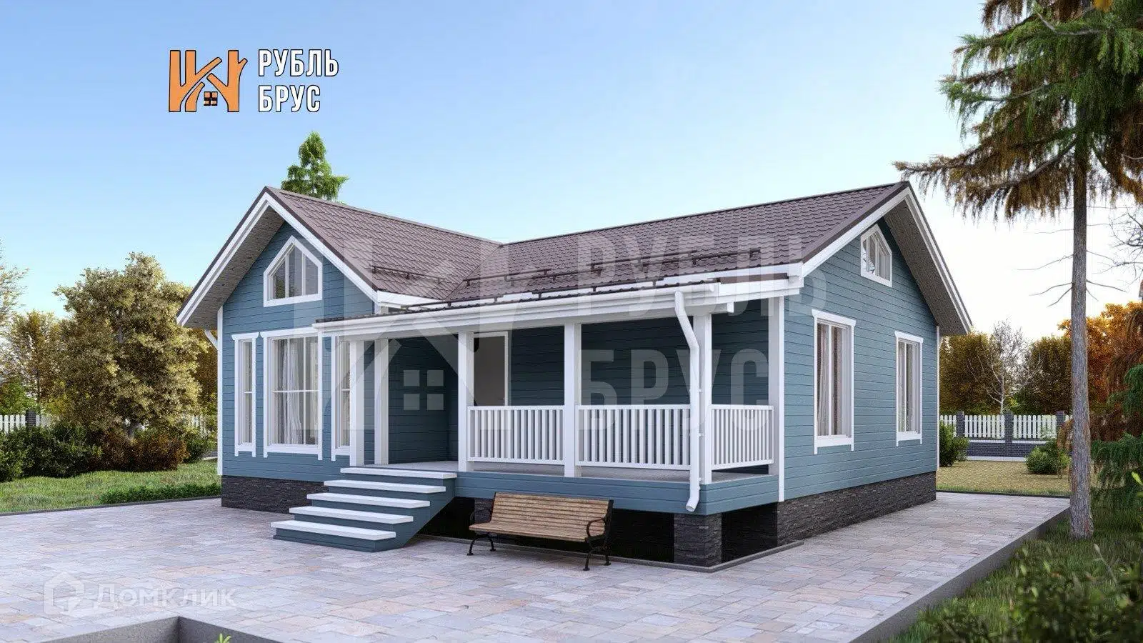 Проект дома «Каркасный дом «Эрнест»» компании РубльБрус строительство деревянных домов и бань по России. из материала Каркасный дом площадью 93.63м² под ключ за 4047500₽ в Донецке | 1 этаж, 2 спальни, 1 санузел – Домклик