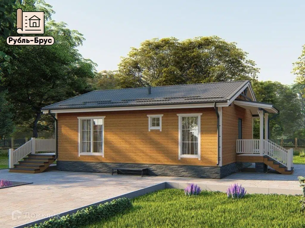 Проект дома «Каркасный дом «Натан»» компании РубльБрус строительство деревянных домов и бань по России. из материала Каркасный дом площадью 72м² под ключ за 5018750₽ в Донецке | 1 этаж, 2 спальни, 1 санузел – Домклик