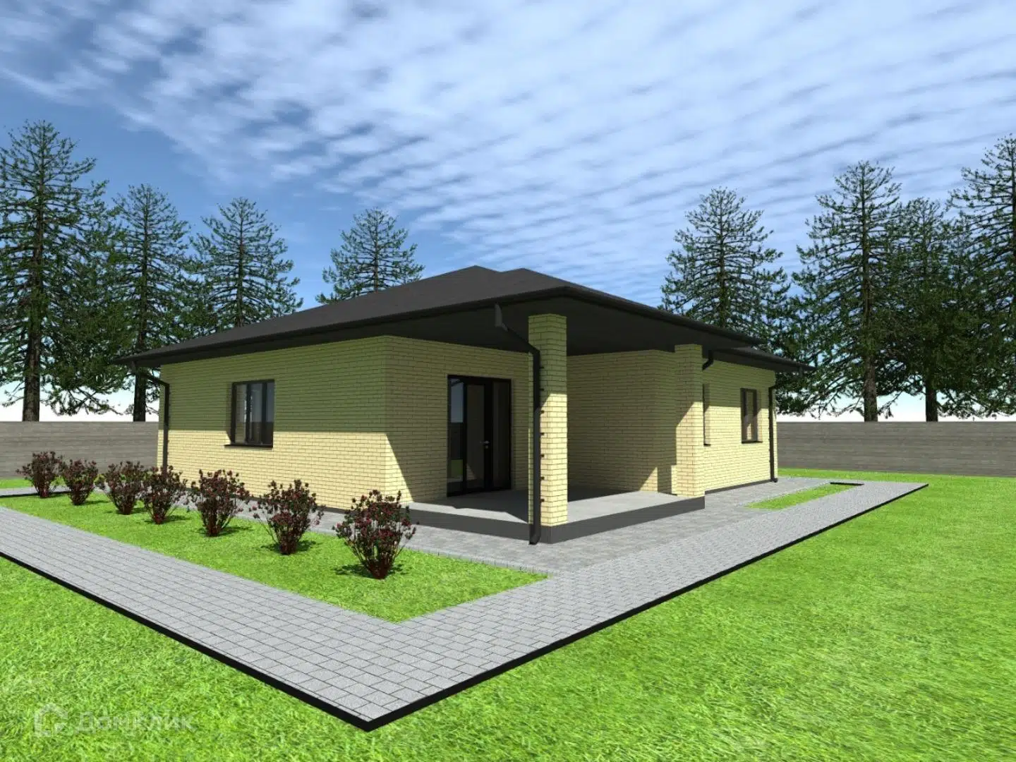 Проект дома «Одноэтажный дом с террасой РИА - 1» компании ИП Ратников И.А. из материала Газобетонные блоки площадью 116м² под ключ за 6700000₽ в Луганске | 1 этаж, 3 спальни, 2 санузла – Домклик