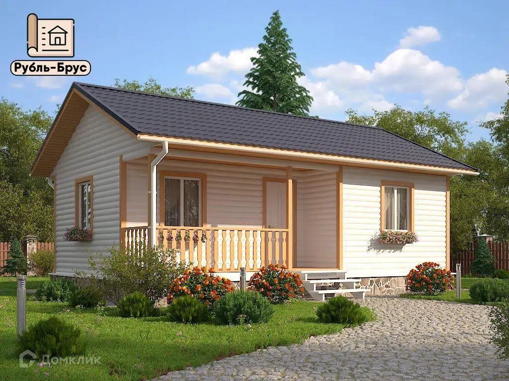 Проект дома «Каркасный дом «Александр»» компании РубльБрус строительство деревянных домов и бань по России. из материала Каркасный дом площадью 47м² под ключ за 3743750₽ в Донецке | 1 этаж, 1 спальня, 1 санузел – Домклик