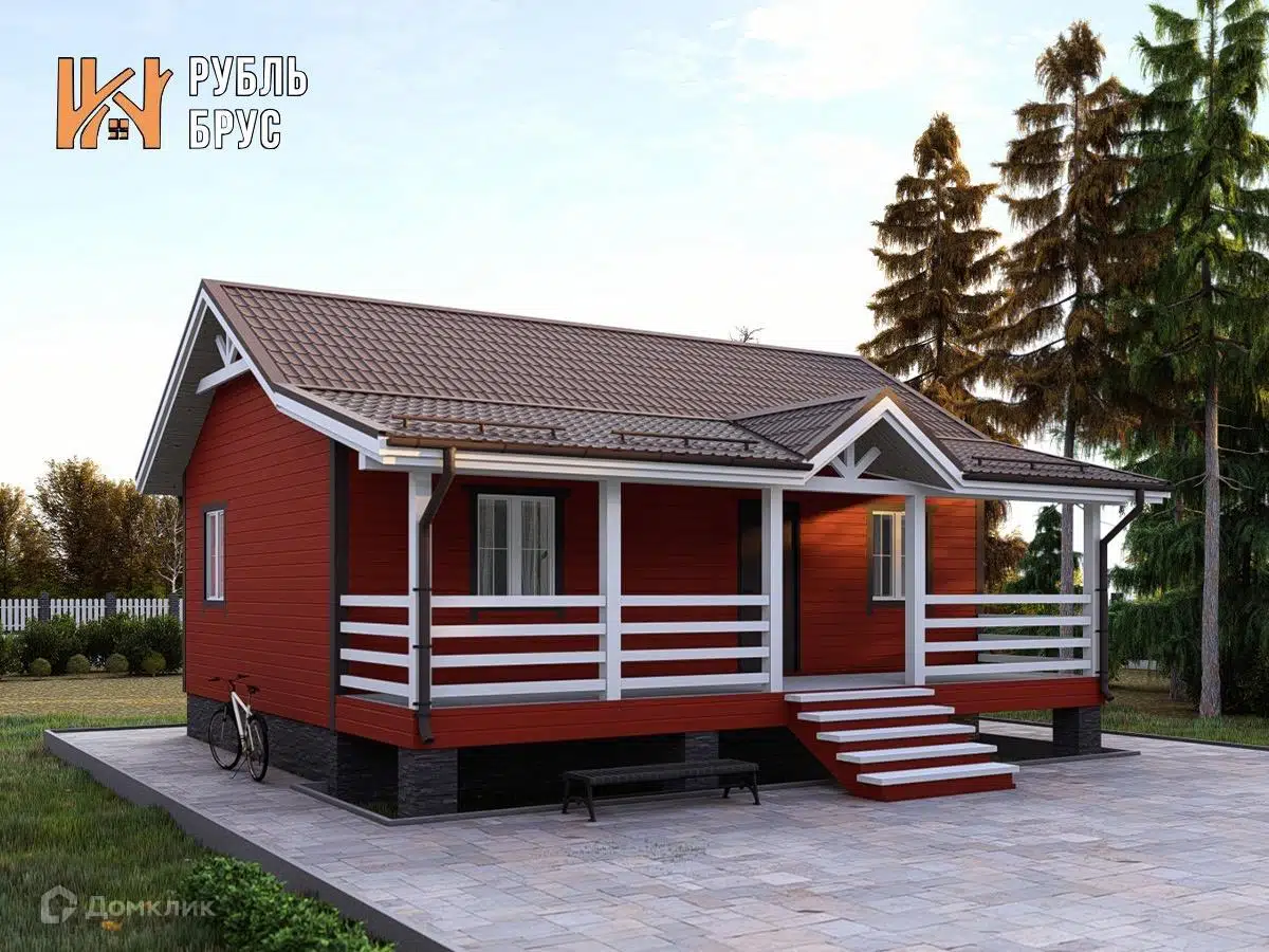 Проект дома «Каркасный дом «Ираклий»» компании РубльБрус строительство деревянных домов и бань по России. из материала Каркасный дом площадью 65.6м² под ключ за 2872500₽ в Донецке | 1 этаж, 2 спальни, 1 санузел – Домклик