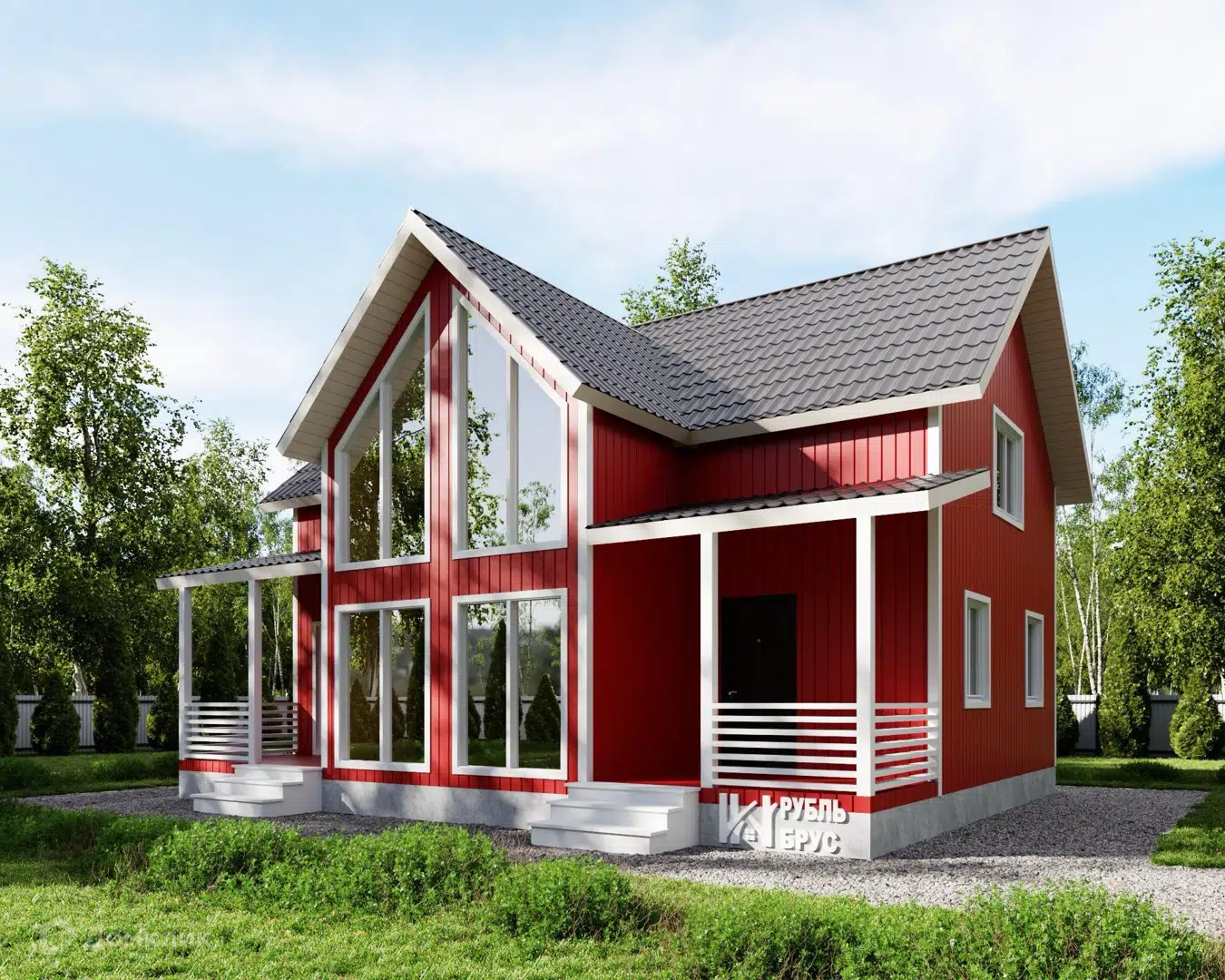 Проект дома «Каркасный дом «Домодедово 2»» компании РубльБрус строительство деревянных домов и бань по России. из материала Каркасный дом площадью 164м² под ключ за 4585000₽ в Донецке | 2 этажа, 3 спальни, 2 санузла – Домклик