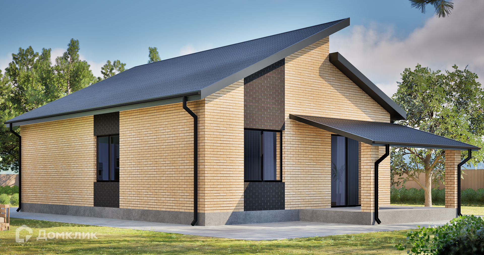 Проект дома «жилой дом №97 с террасой» компании ИП Кулиш В. И. из материала Газобетонные блоки площадью 97.76м² под ключ за 6358150₽ в Донецке | 1 этаж, 3 спальни, 2 санузла – Домклик