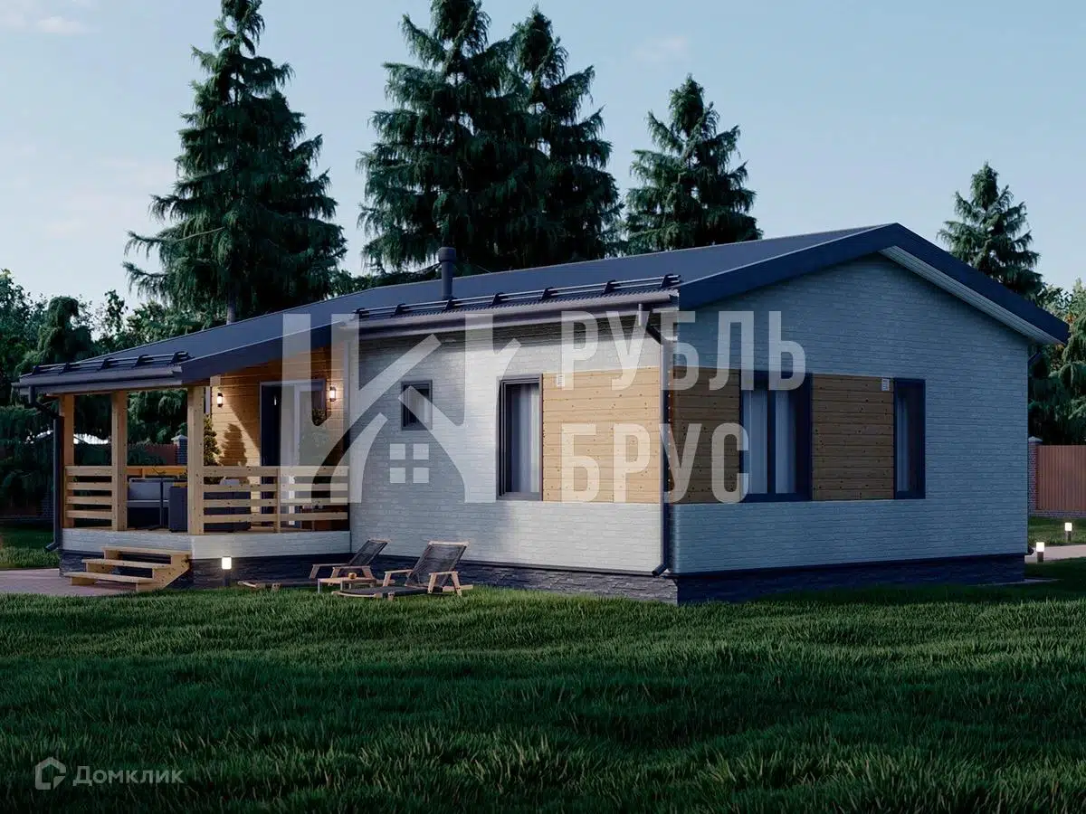 Проект дома «Каркасный дом «Рафаэль»» компании РубльБрус строительство деревянных домов и бань по России. из материала Каркасный дом площадью 74м² под ключ за 4661250₽ в Донецке | 1 этаж, 2 спальни, 1 санузел – Домклик