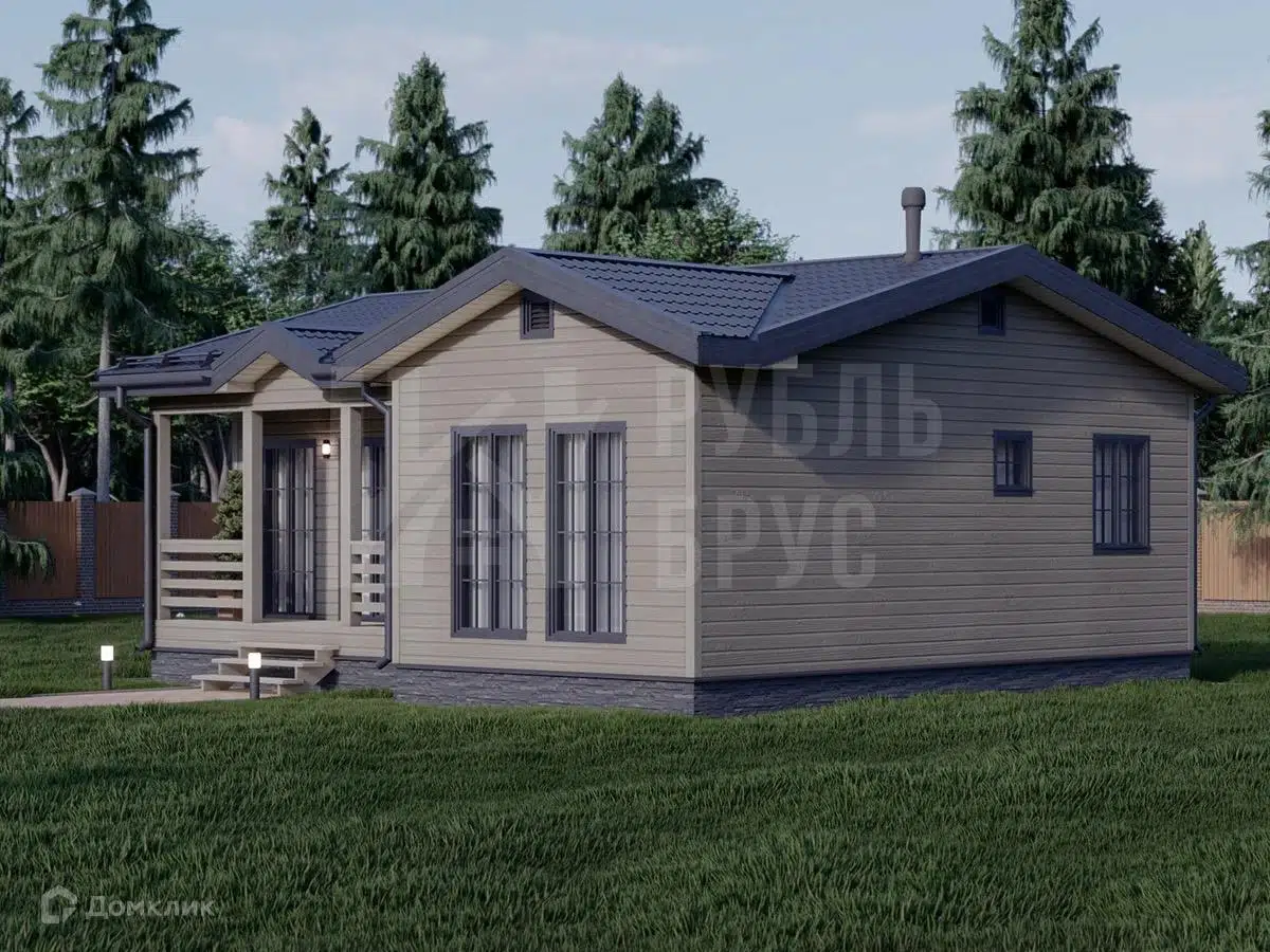 Проект дома «Каркасный дом «Герцог»» компании РубльБрус строительство деревянных домов и бань по России. из материала Каркасный дом площадью 59м² под ключ за 3348750₽ в Донецке | 1 этаж, 2 спальни, 1 санузел – Домклик