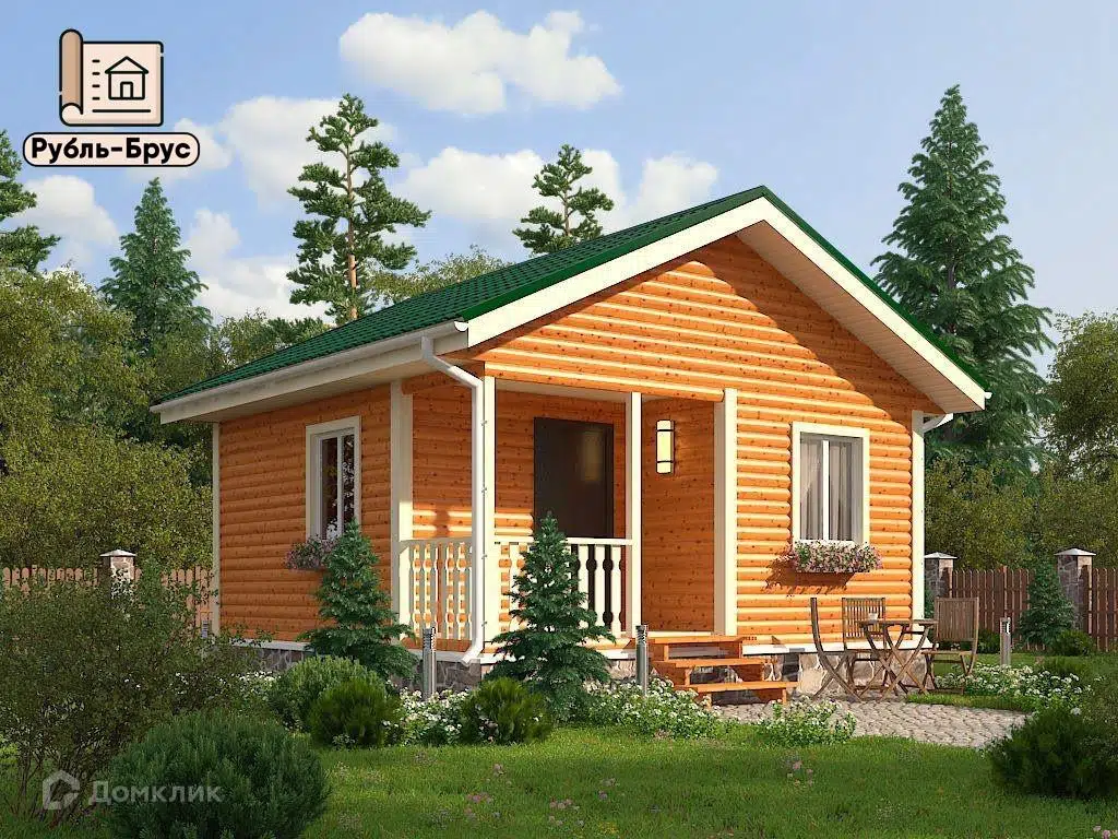 Проект дома «Каркасный дом «Дмитрий»» компании РубльБрус строительство деревянных домов и бань по России. из материала Каркасный дом площадью 32м² под ключ за 1597500₽ в Донецке | 1 этаж, 2 спальни, 1 санузел – Домклик