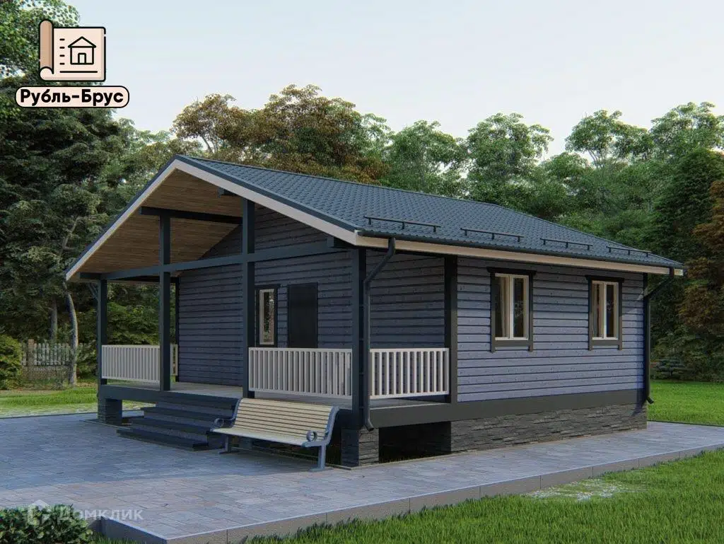 Проект дома «Каркасный дом «Вячеслав»» компании РубльБрус строительство деревянных домов и бань по России. из материала Каркасный дом площадью 48м² под ключ за 3916250₽ в Донецке | 1 этаж, 2 спальни, 1 санузел – Домклик