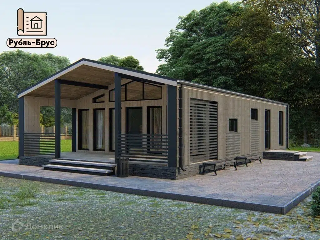 Проект дома «Каркасный дом «Аким»» компании РубльБрус строительство деревянных домов и бань по России. из материала Каркасный дом площадью 72м² под ключ за 5871875₽ в Донецке | 1 этаж, 3 спальни, 1 санузел – Домклик