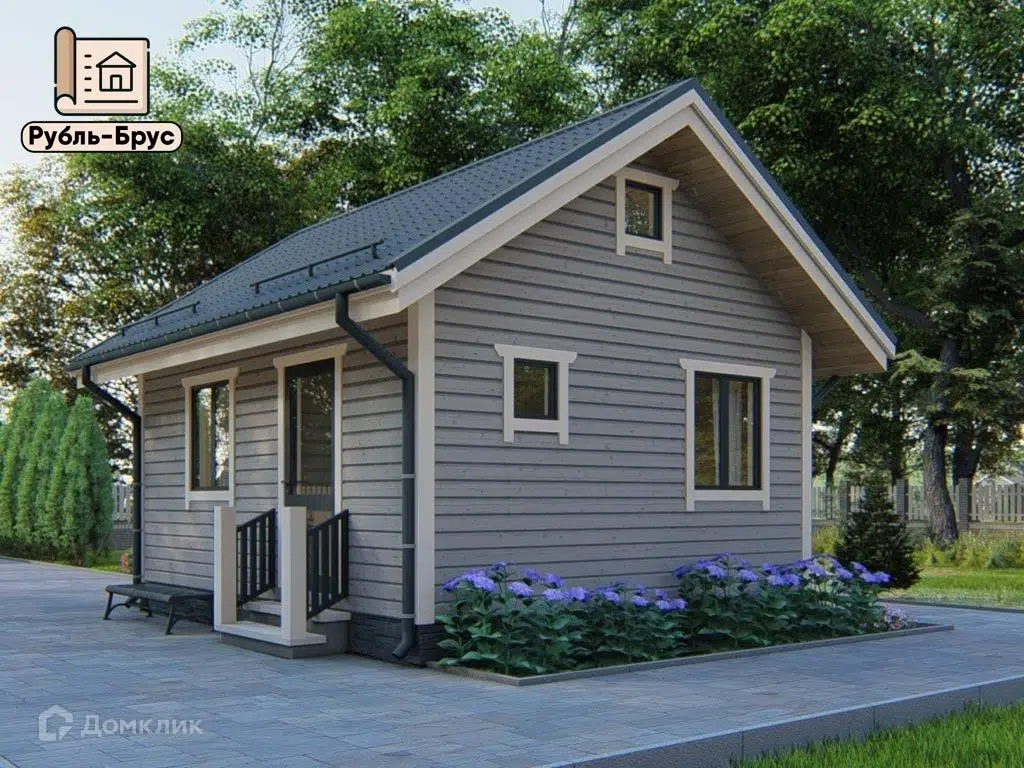 Проект дома «Каркасный дом «Мирон»» компании РубльБрус строительство деревянных домов и бань по России. из материала Каркасный дом площадью 26м² под ключ за 1415000₽ в Донецке | 1 этаж, 1 спальня, 1 санузел – Домклик