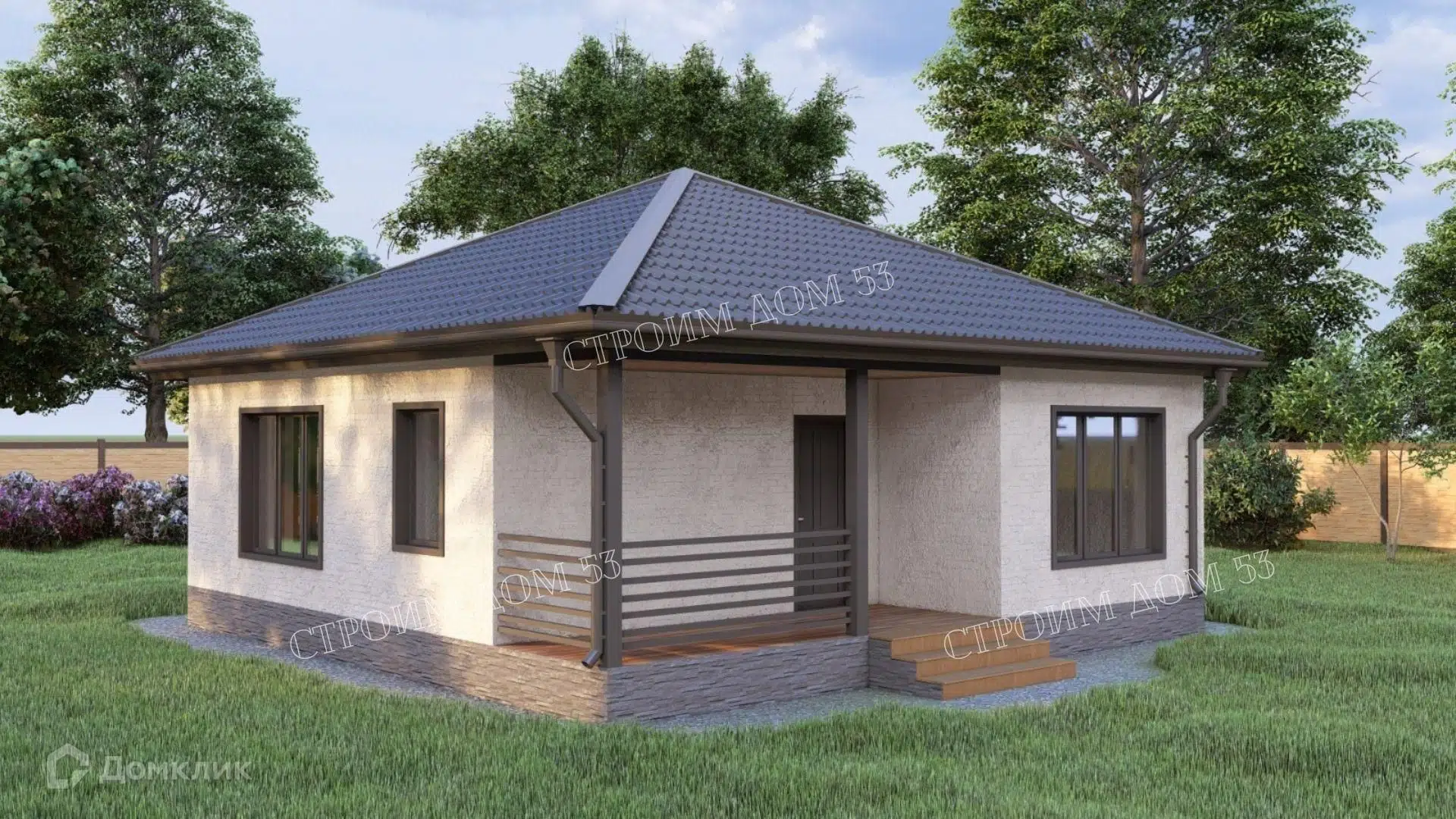 Проект дома «Одноэтажный дом из газобетона 9х9м ГБ-14» компании СК Строим Дом 53 из материала Газобетонные блоки площадью 62.3м² под ключ за 3850000₽ в Донецке | 1 этаж, 2 спальни, 1 санузел – Домклик