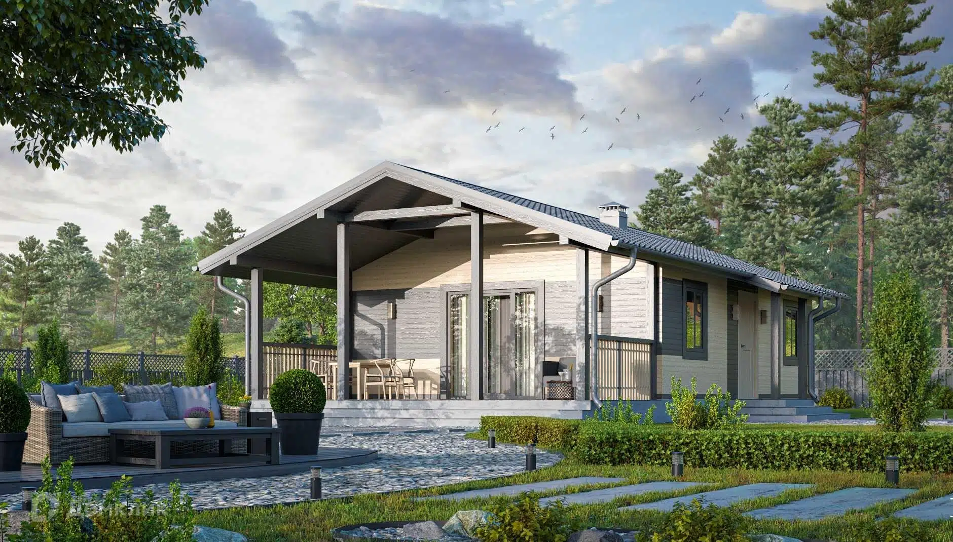 Проект дома «Каркасный К78» компании ЙОЛО ХАУС из материала Каркасный дом площадью 78м² под ключ за 4052000₽ в Донецке | 1 этаж, 2 спальни, 1 санузел – Домклик