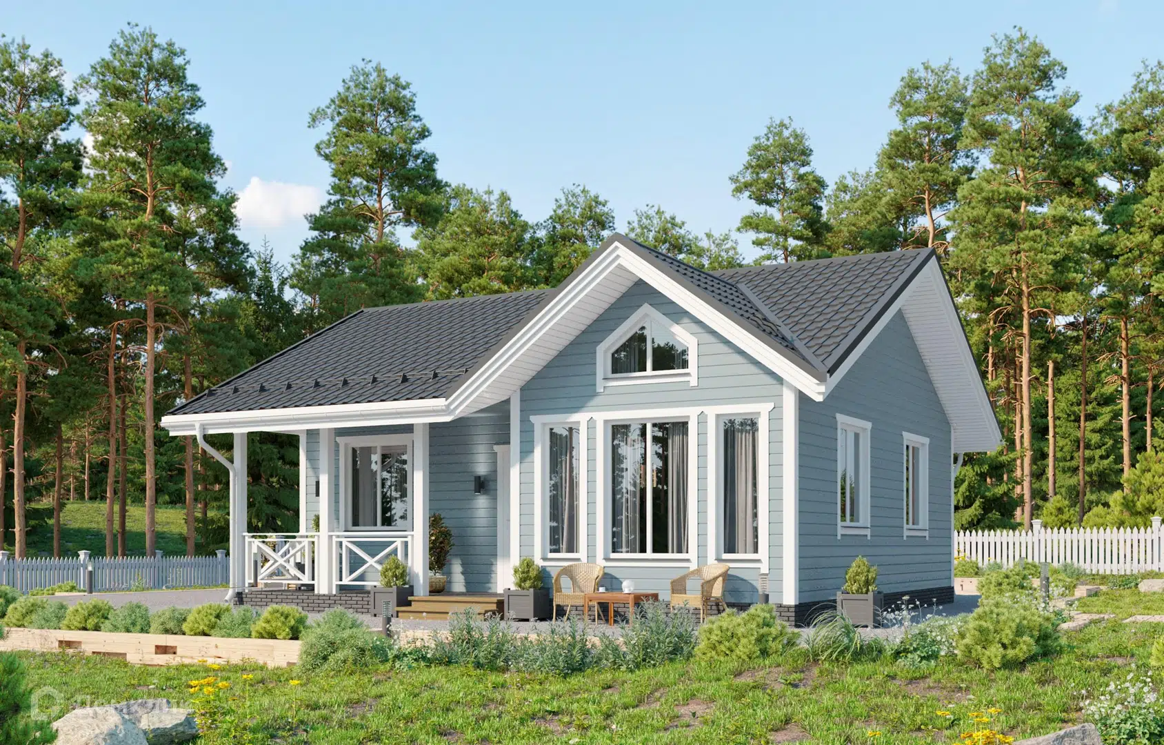 Проект дома «Леуская» компании FamilyDom из материала Каркасный дом площадью 59.6м² под ключ за 3878000₽ в Донецке | 1 этаж, 2 спальни, 1 санузел – Домклик