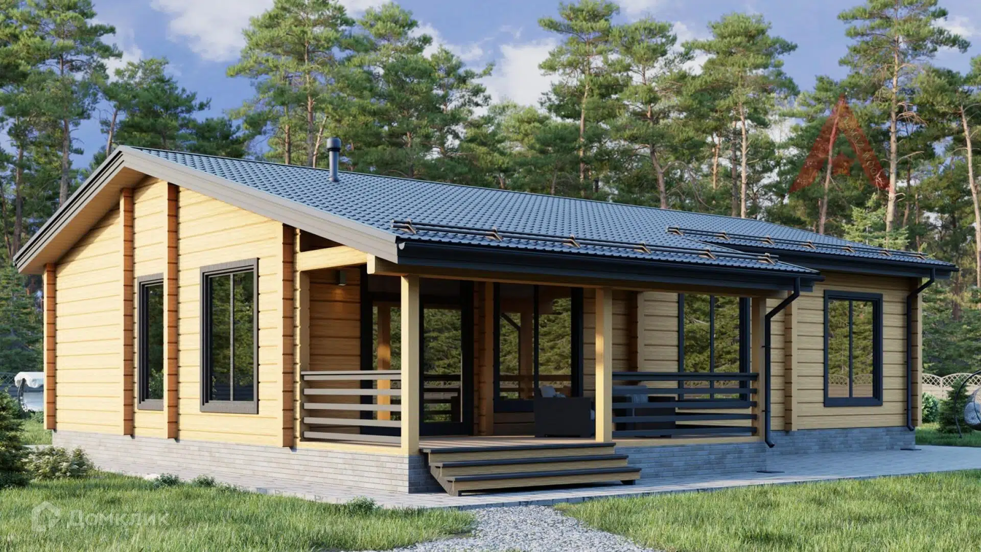 Проект дома «одноэтажное Шале 143» компании АЛМАЗ из материала Клееный брус площадью 143.7м² под ключ за 9900000₽ в Донецке | 1 этаж, 3 спальни, 2 санузла – Домклик