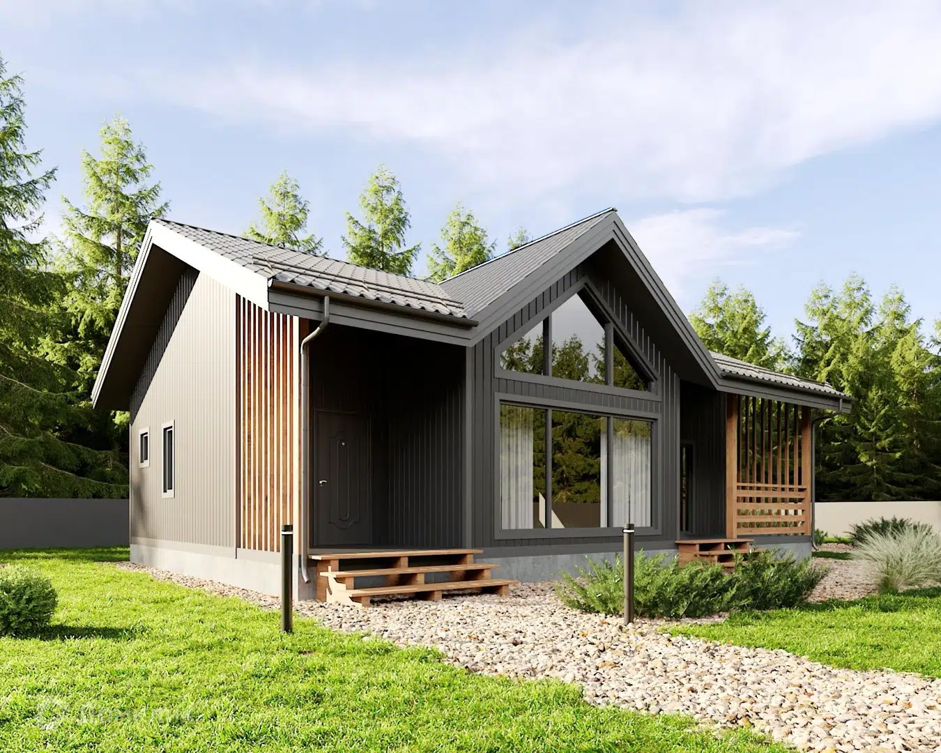 Проект дома «Каркасный дом «Данглар»» компании РубльБрус строительство деревянных домов и бань по России. из материала Каркасный дом площадью 92м² под ключ за 4031250₽ в Донецке | 1 этаж, 2 спальни, 1 санузел – Домклик