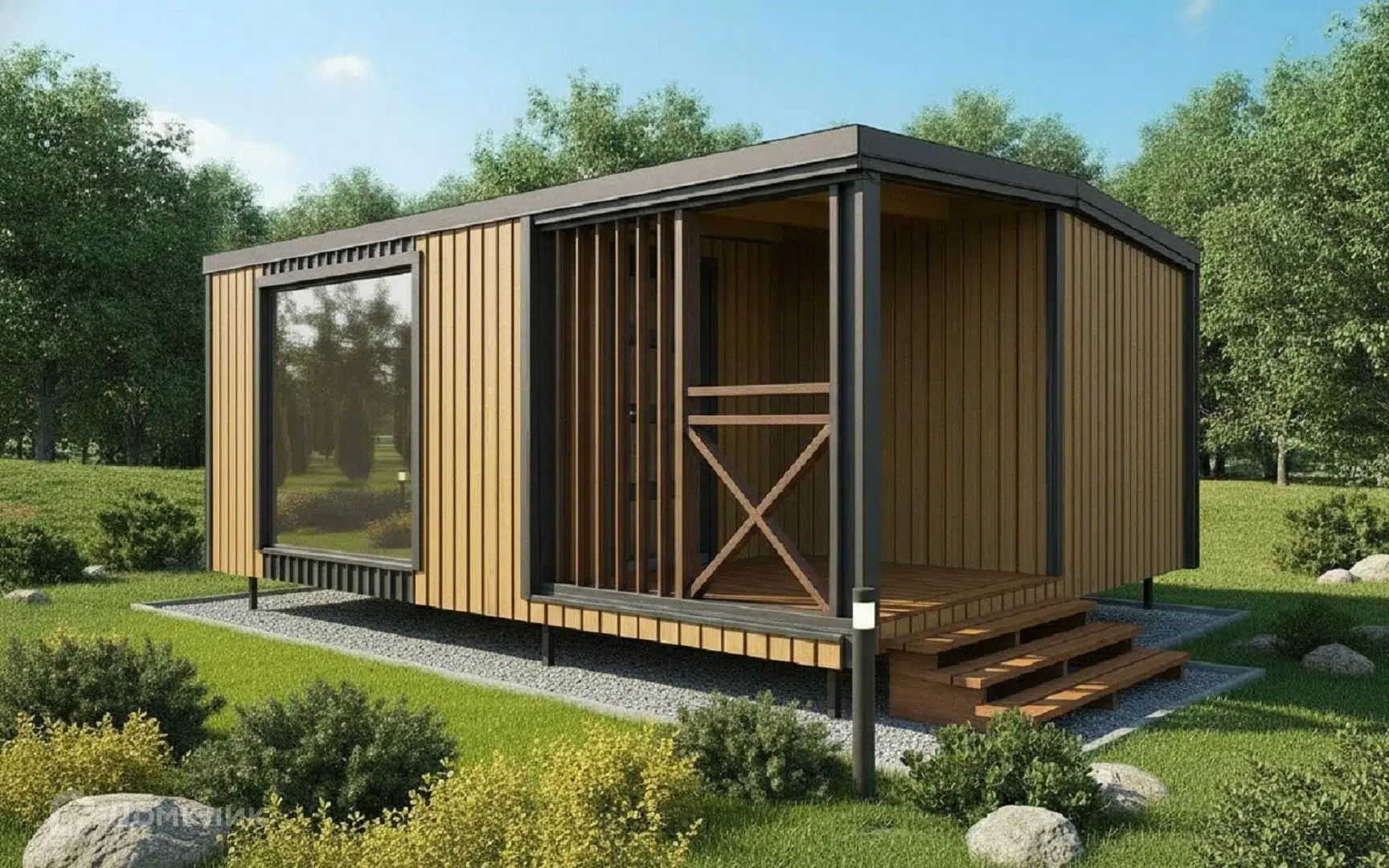 Проект дома «Глемпинг 23» компании Роскошный дом из материала Каркасный дом площадью 23м² под ключ за 1600000₽ в Луганске | 1 этаж, 1 спальня, 1 санузел – Домклик