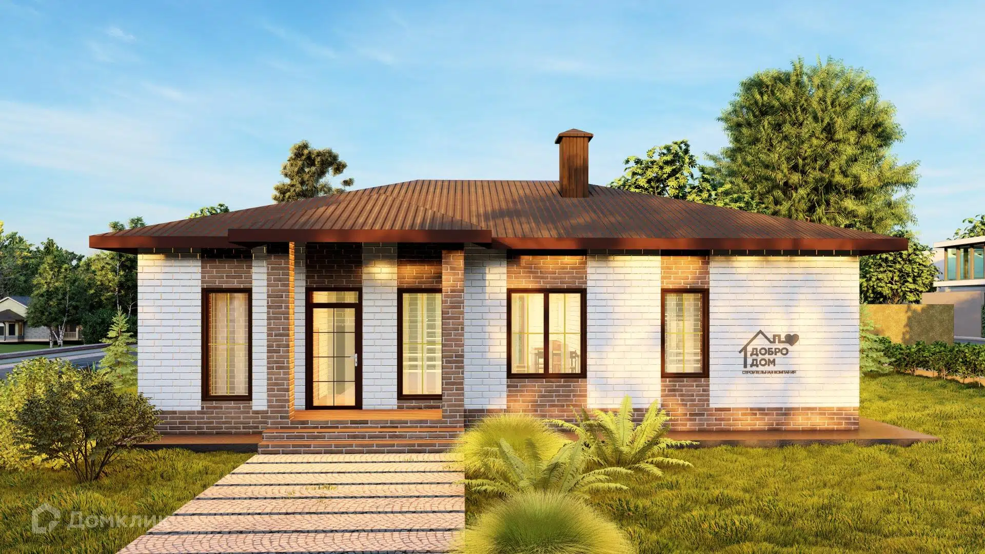 Проект дома «Коттедж Оливия» компании СК «Добро Дом» из материала Газосиликатные блоки площадью 113м² под ключ за 6725000₽ в Донецке | 1 этаж, 3 спальни, 2 санузла – Домклик