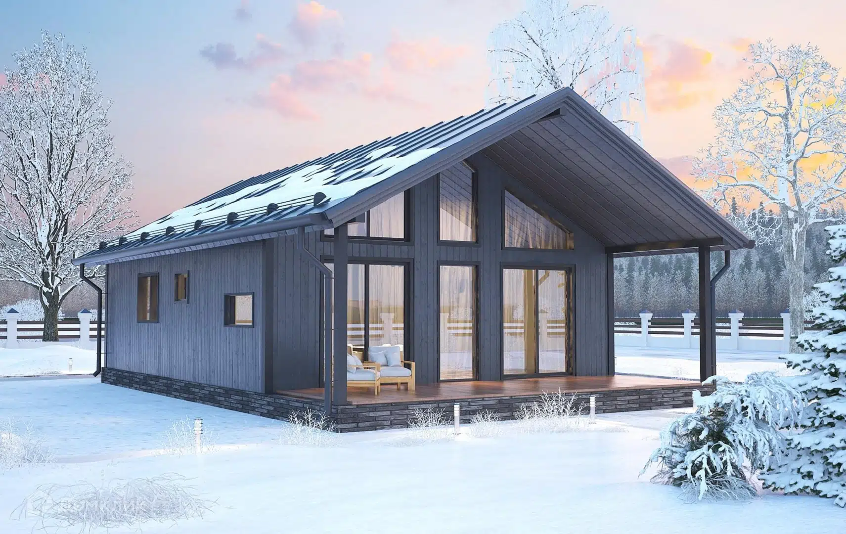 Проект дома «Б-07» компании Теплодина из материала Каркасный дом площадью 64м² под ключ за 3328000₽ в Донецке | 1 этаж, 3 спальни, 1 санузел – Домклик