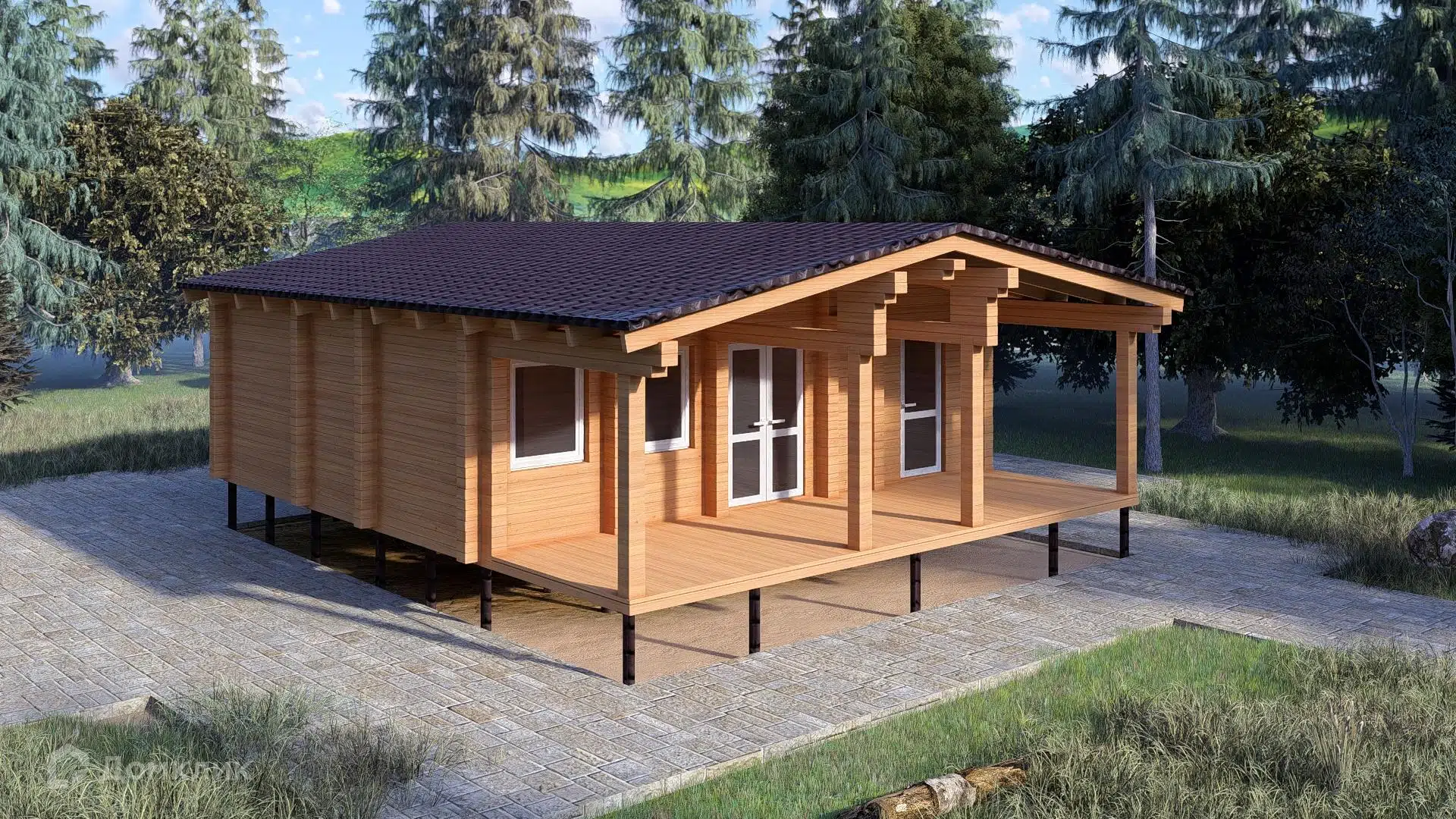 Проект дома «Деревянный дом-шале ПБ-79» компании ИЗБА из материала Профилированный брус площадью 79.42м² под ключ за 3680000₽ в Донецке | 1 этаж, 2 спальни, 1 санузел – Домклик