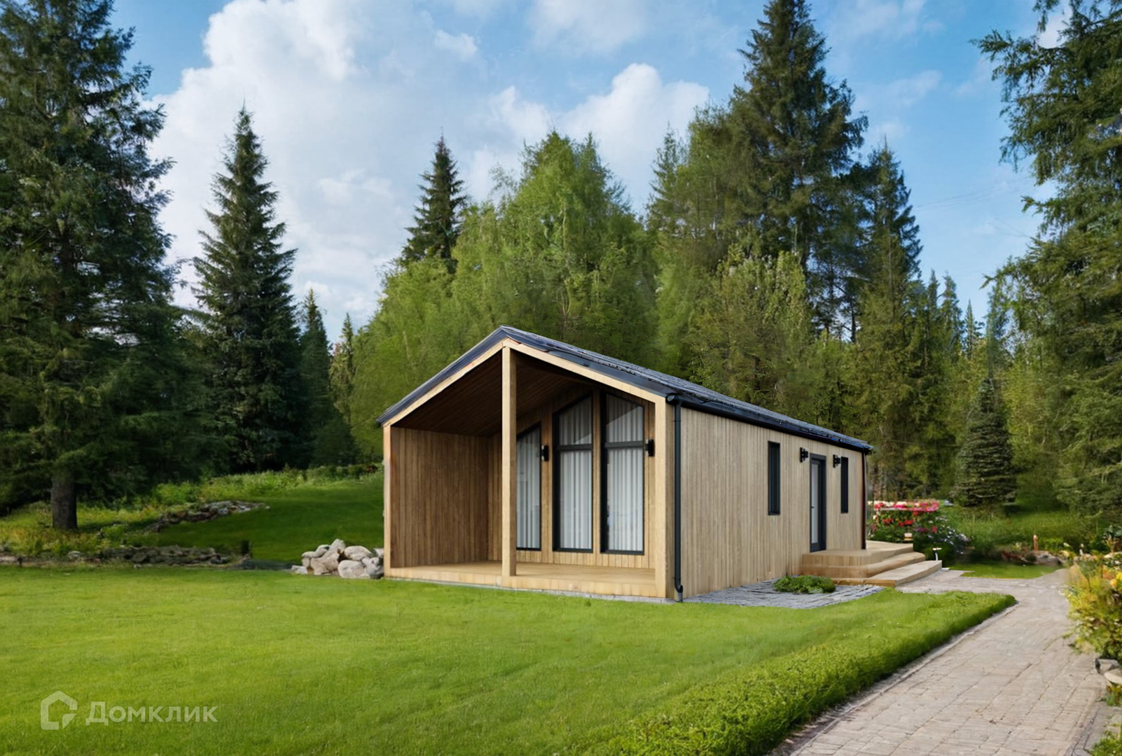 Проект дома «Барн 6х8м c терассой» компании Твой Домостроитель из материала Каркасный дом площадью 42.6м² под ключ за 2970000₽ в Донецке | 1 этаж, 2 спальни, 1 санузел – Домклик