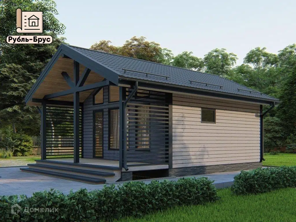 Проект дома «Каркасный дом «Архип»» компании РубльБрус строительство деревянных домов и бань по России. из материала Каркасный дом площадью 32м² под ключ за 2365000₽ в Донецке | 1 этаж, 1 спальня, 1 санузел – Домклик