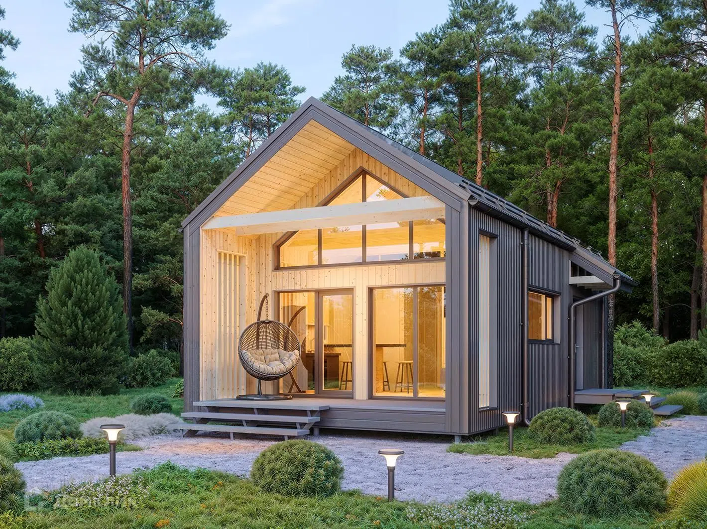 Проект дома «TinyHaus К77 (лофт)» компании РУДОМ.РУ из материала Каркасный дом площадью 68м² под ключ за 4116224₽ в Донецке | 2 этажа, 2 спальни, 1 санузел – Домклик