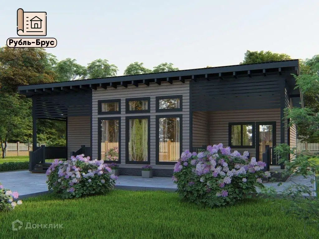 Проект дома «Каркасный дом «Глеб»» компании РубльБрус строительство деревянных домов и бань по России. из материала Каркасный дом площадью 100м² под ключ за 6476250₽ в Донецке | 1 этаж, 2 спальни, 1 санузел – Домклик
