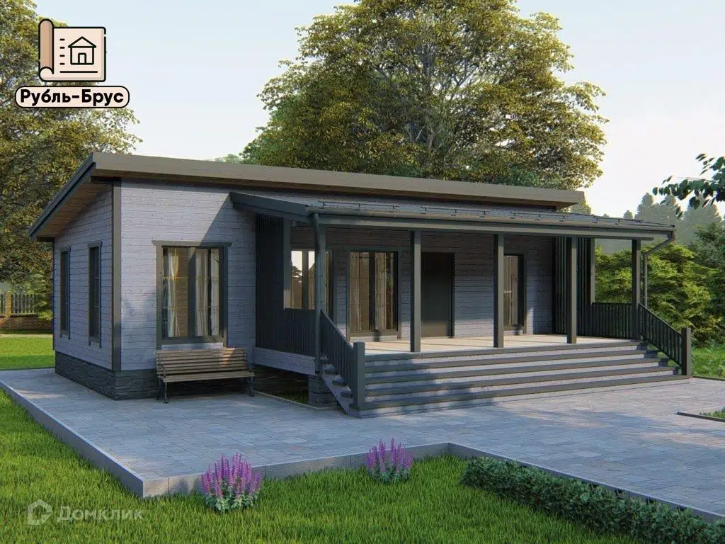 Проект дома «Каркасный дом «Гордей»» компании РубльБрус строительство деревянных домов и бань по России. из материала Каркасный дом площадью 65м² под ключ за 4816250₽ в Донецке | 1 этаж, 3 спальни, 1 санузел – Домклик