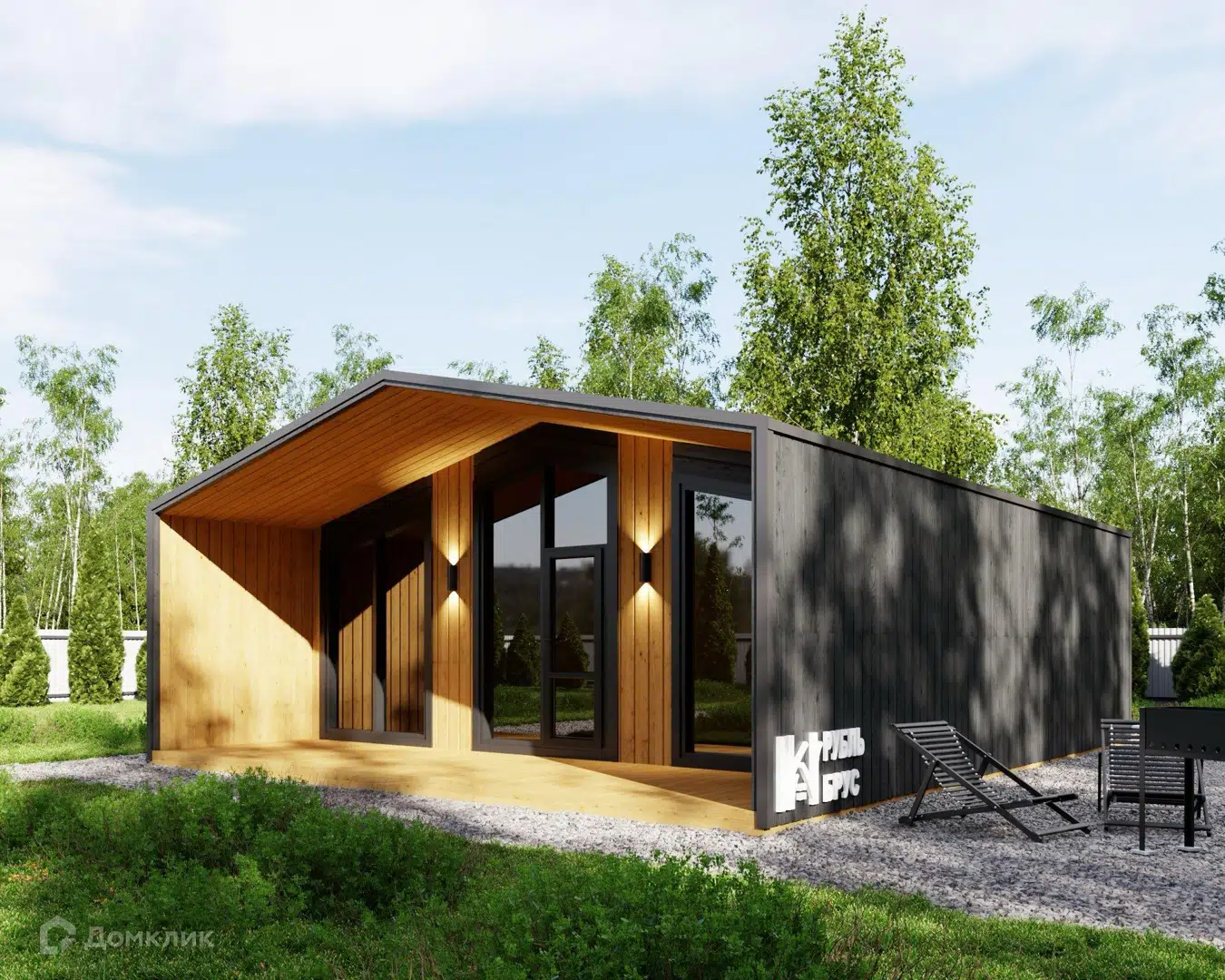 Проект дома ««Барн 30»» компании РубльБрус строительство деревянных домов и бань по России. из материала Модульный дом площадью 60м² под ключ за 2452500₽ в Донецке | 1 этаж, 2 спальни, 1 санузел – Домклик
