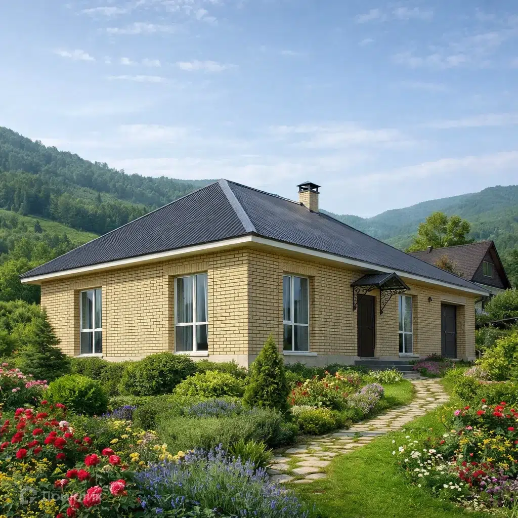 Проект дома «Кирпичный дворик» компании Крепость 28 из материала Кирпич площадью 115м² под ключ за 11000000₽ в Донецке | 1 этаж, 3 спальни, 1 санузел – Домклик