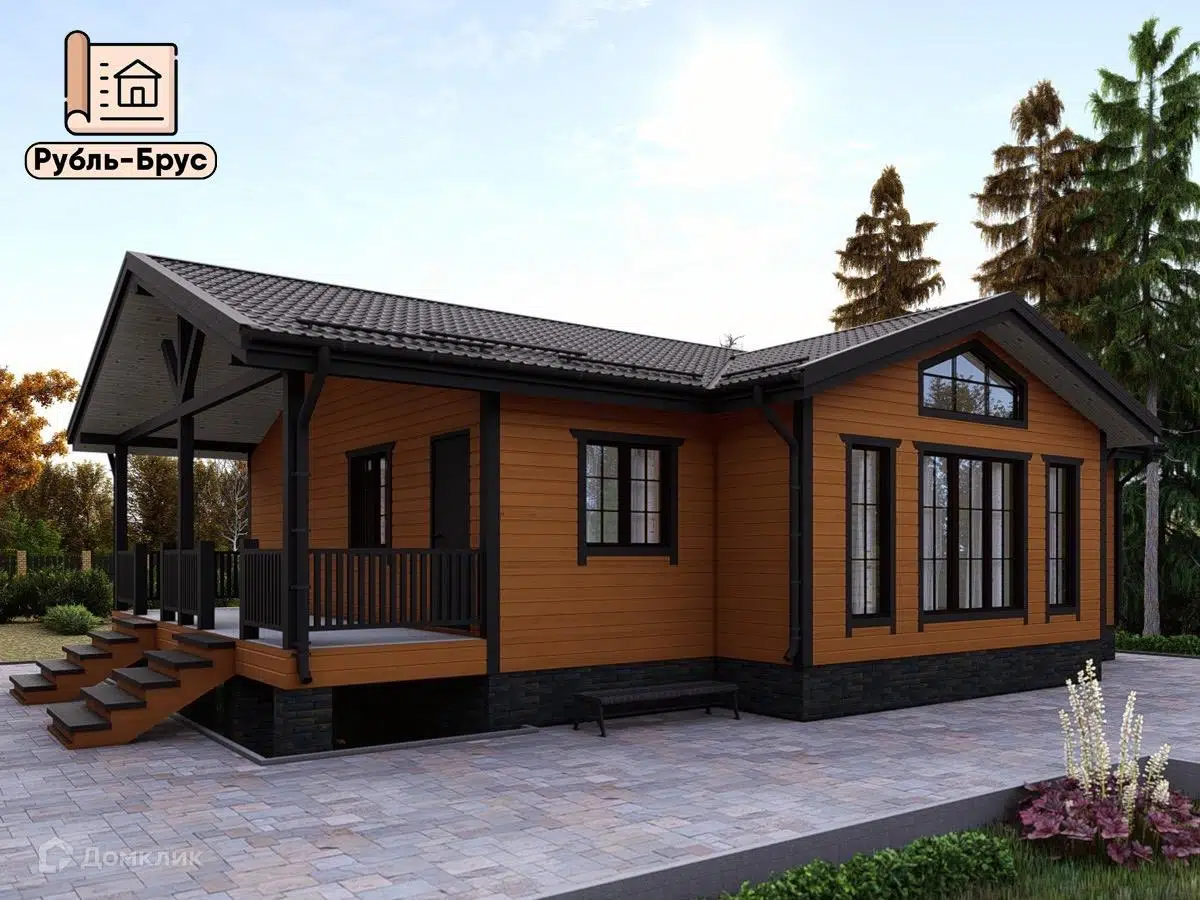 Проект дома «Каркасный дом «Виктор»» компании РубльБрус строительство деревянных домов и бань по России. из материала Каркасный дом площадью 111м² под ключ за 5983750₽ в Донецке | 1 этаж, 2 спальни, 1 санузел – Домклик