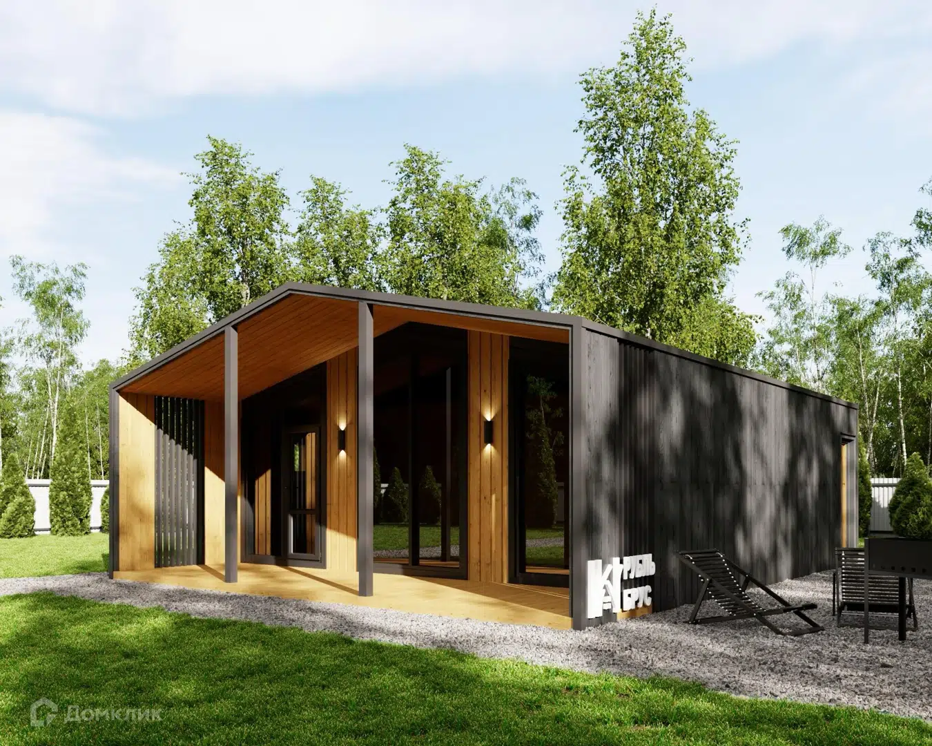 Проект дома «Модульный дом «Барн 34»» компании РубльБрус строительство деревянных домов и бань по России. из материала Модульный дом площадью 60м² под ключ за 2493750₽ в Донецке | 1 этаж, 2 спальни, 1 санузел – Домклик