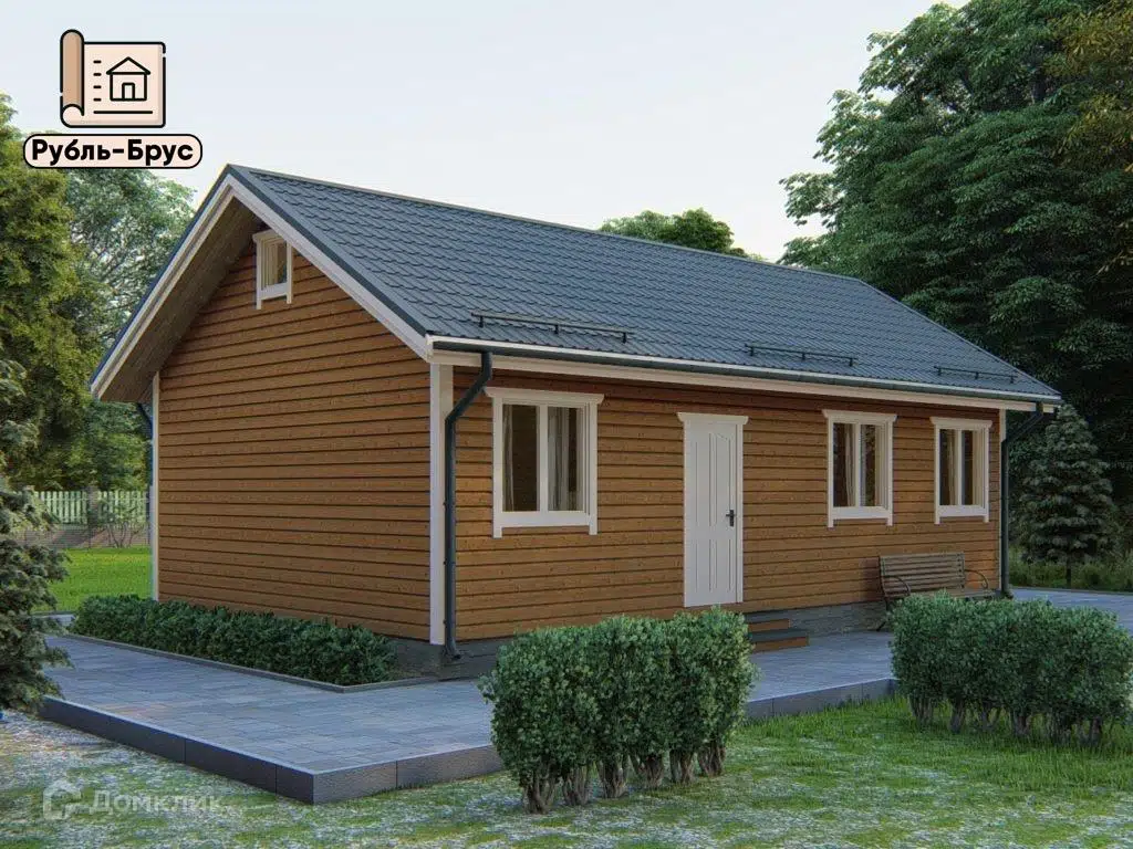 Проект дома «Каркасный дом «Святозар»» компании РубльБрус строительство деревянных домов и бань по России. из материала Каркасный дом площадью 81м² под ключ за 4021250₽ в Донецке | 1 этаж, 2 спальни, 1 санузел – Домклик