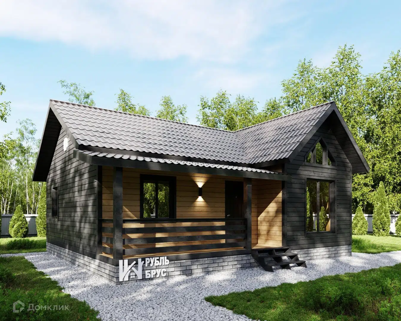 Проект дома «Каркасный дом «Мерседес»» компании РубльБрус строительство деревянных домов и бань по России. из материала Каркасный дом площадью 56м² под ключ за 3207500₽ в Донецке | 1 этаж, 2 спальни, 1 санузел – Домклик