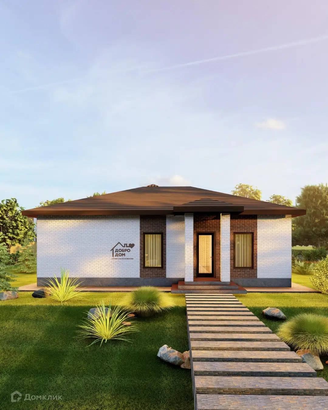 Проект дома «Коттедж Арфей» компании СК «Добро Дом» из материала Газобетонные блоки площадью 98м² под ключ за 6450000₽ в Донецке | 1 этаж, 3 спальни, 2 санузла – Домклик