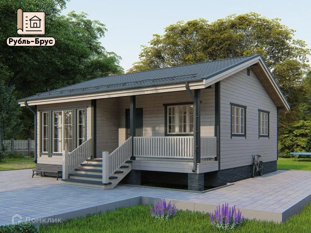 Проект дома «Каркасный дом «Демид»» компании РубльБрус строительство деревянных домов и бань по России. из материала Каркасный дом площадью 66м² под ключ за 4623750₽ в Донецке | 1 этаж, 2 спальни, 1 санузел – Домклик