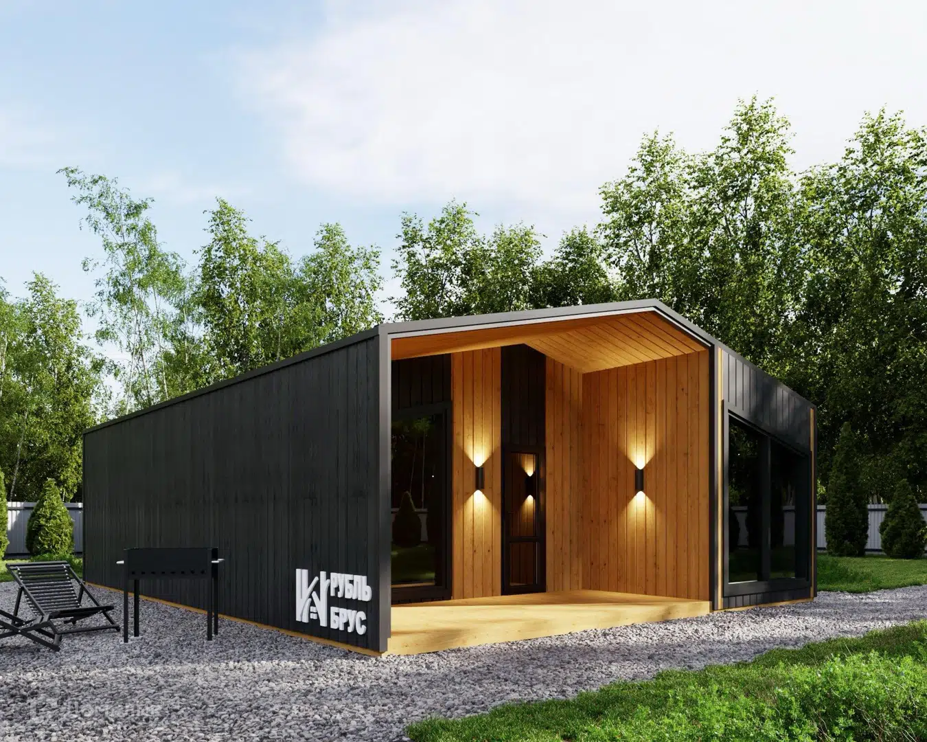 Проект дома ««Барн 31»» компании РубльБрус строительство деревянных домов и бань по России. из материала Модульный дом площадью 60м² под ключ за 2375000₽ в Донецке | 1 этаж, 2 спальни, 1 санузел – Домклик