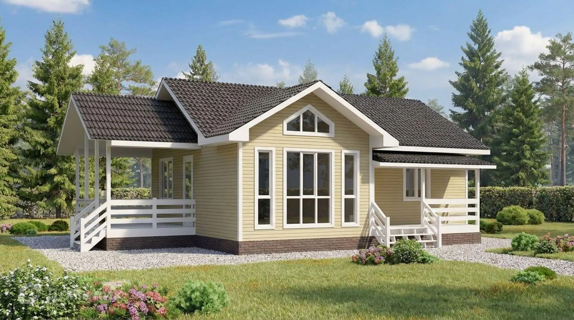 Проект дома «Добрыня - 3 КП-200 8,5х10 м (Заходи и Живи) М» компании Теремъ из материала Каркасный дом площадью 82.3м² под ключ за 6529350₽ в Донецке | 1 этаж, 2 спальни, 1 санузел – Домклик