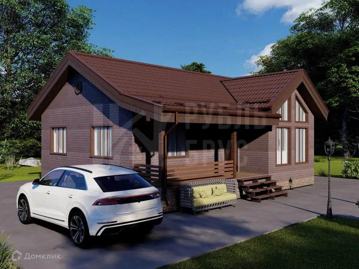 Проект дома «Каркасный дом «Фронтир»» компании РубльБрус строительство деревянных домов и бань по России. из материала Каркасный дом площадью 74м² под ключ за 3480000₽ в Донецке | 1 этаж, 2 спальни, 1 санузел – Домклик