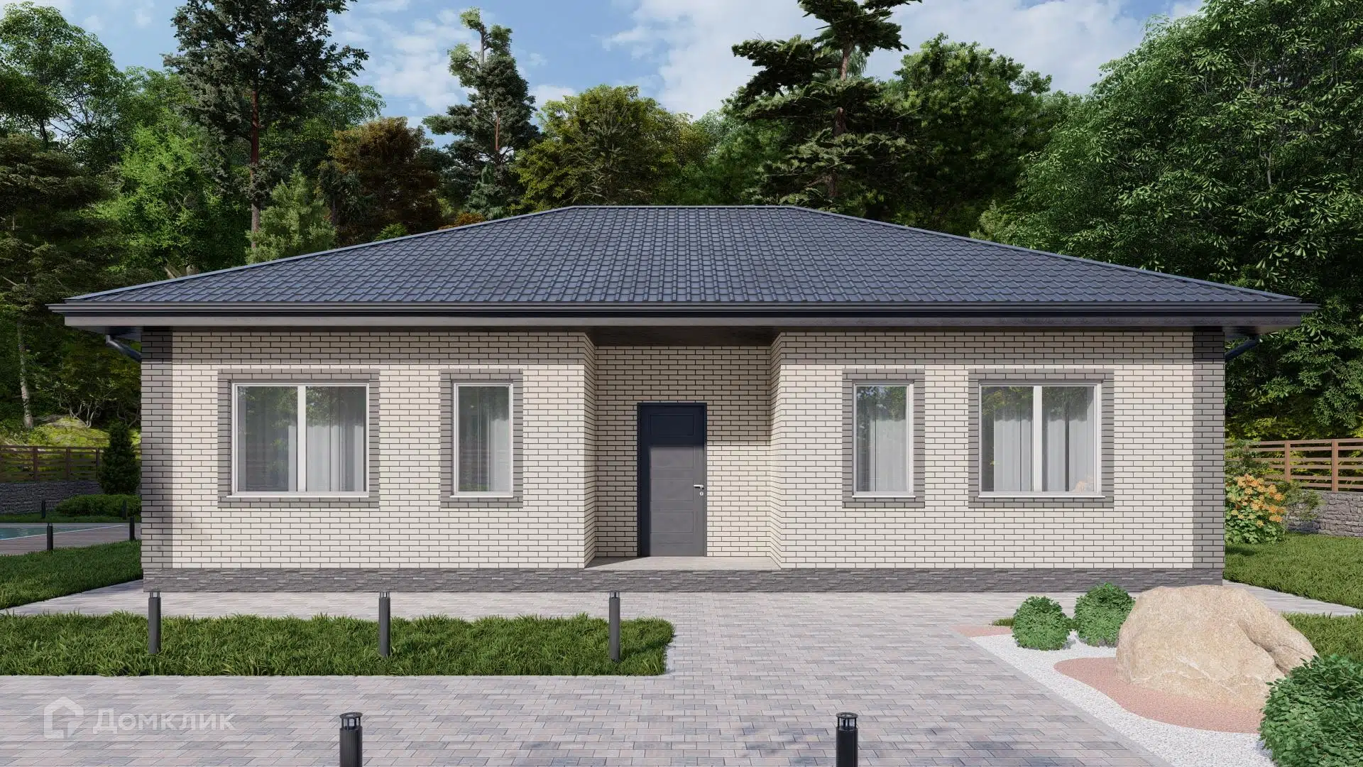 Проект дома «Одноэтажный жилой дом 100 м.» компании Первая Домостроительная Компания из материала Газобетонные блоки площадью 100м² под ключ за 6700000₽ в Донецке | 1 этаж, 3 спальни, 2 санузла – Домклик