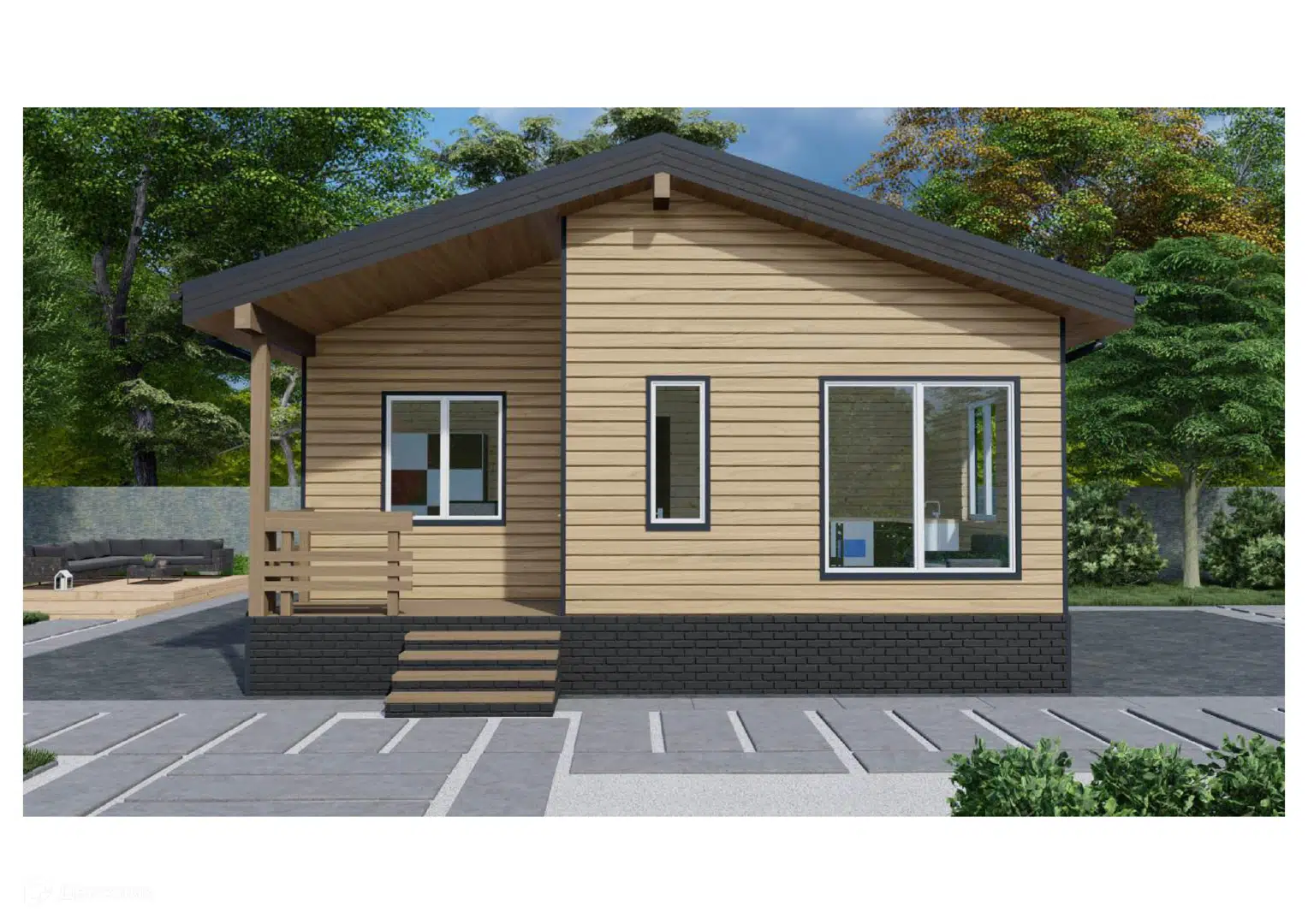 Проект дома «Одноэтажный МД-67» компании МАГАЗИН ДОМОВ из материала SIP-панели площадью 60.7м² под ключ за 4100000₽ в Донецке | 1 этаж, 3 спальни, 1 санузел – Домклик