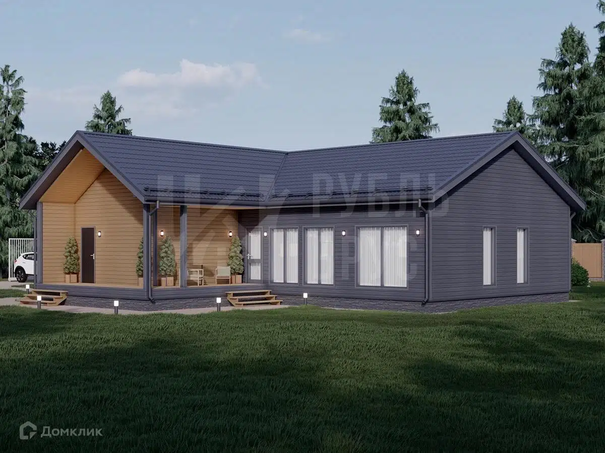 Проект дома «Каркасный дом «Гало»» компании РубльБрус строительство деревянных домов и бань по России. из материала Каркасный дом площадью 136м² под ключ за 4607000₽ в Донецке | 1 этаж, 3 спальни, 2 санузла – Домклик