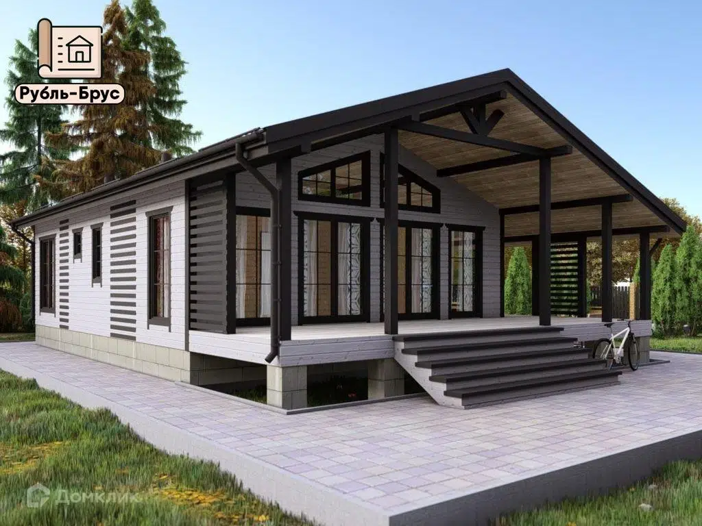 Проект дома «Каркасный дом «Оскар»» компании РубльБрус строительство деревянных домов и бань по России. из материала Каркасный дом площадью 79м² под ключ за 6276250₽ в Донецке | 1 этаж, 2 спальни, 1 санузел – Домклик