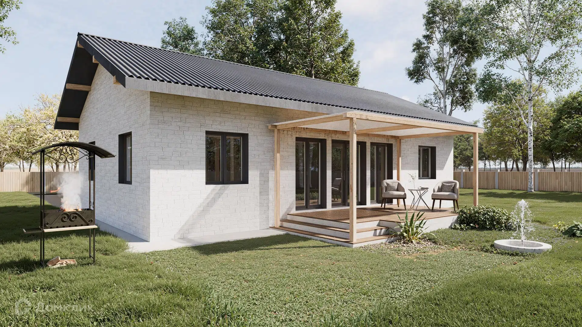 Проект дома «Загородный дом - МБ100» компании ООО «Мастер Билл Сахалин 2020» из материала Газобетонные блоки площадью 82.79м² под ключ за 11200000₽ в Донецке | 1 этаж, 3 спальни, 2 санузла – Домклик