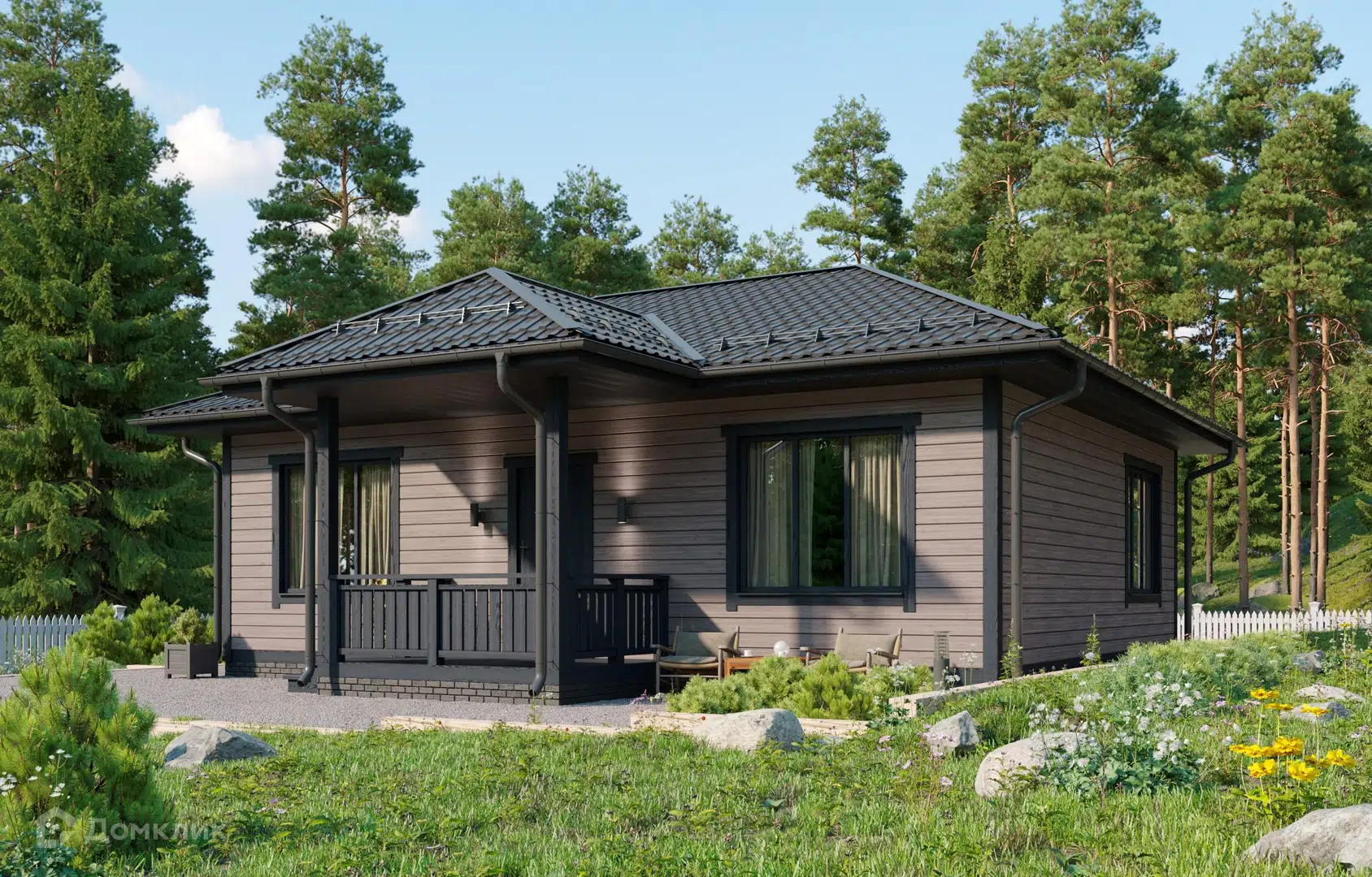 Проект дома «Шишкин» компании FamilyDom из материала Каркасный дом площадью 63.7м² под ключ за 4587000₽ в Донецке | 1 этаж, 2 спальни, 1 санузел – Домклик